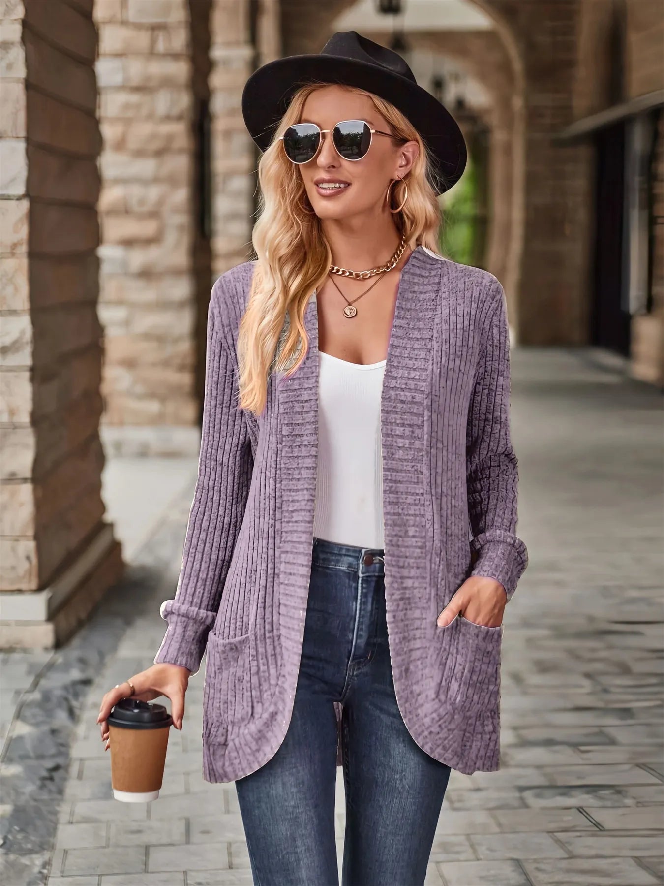 Ribbed Open Front Long Cardigan with Pockets Lavender Easy Apparels