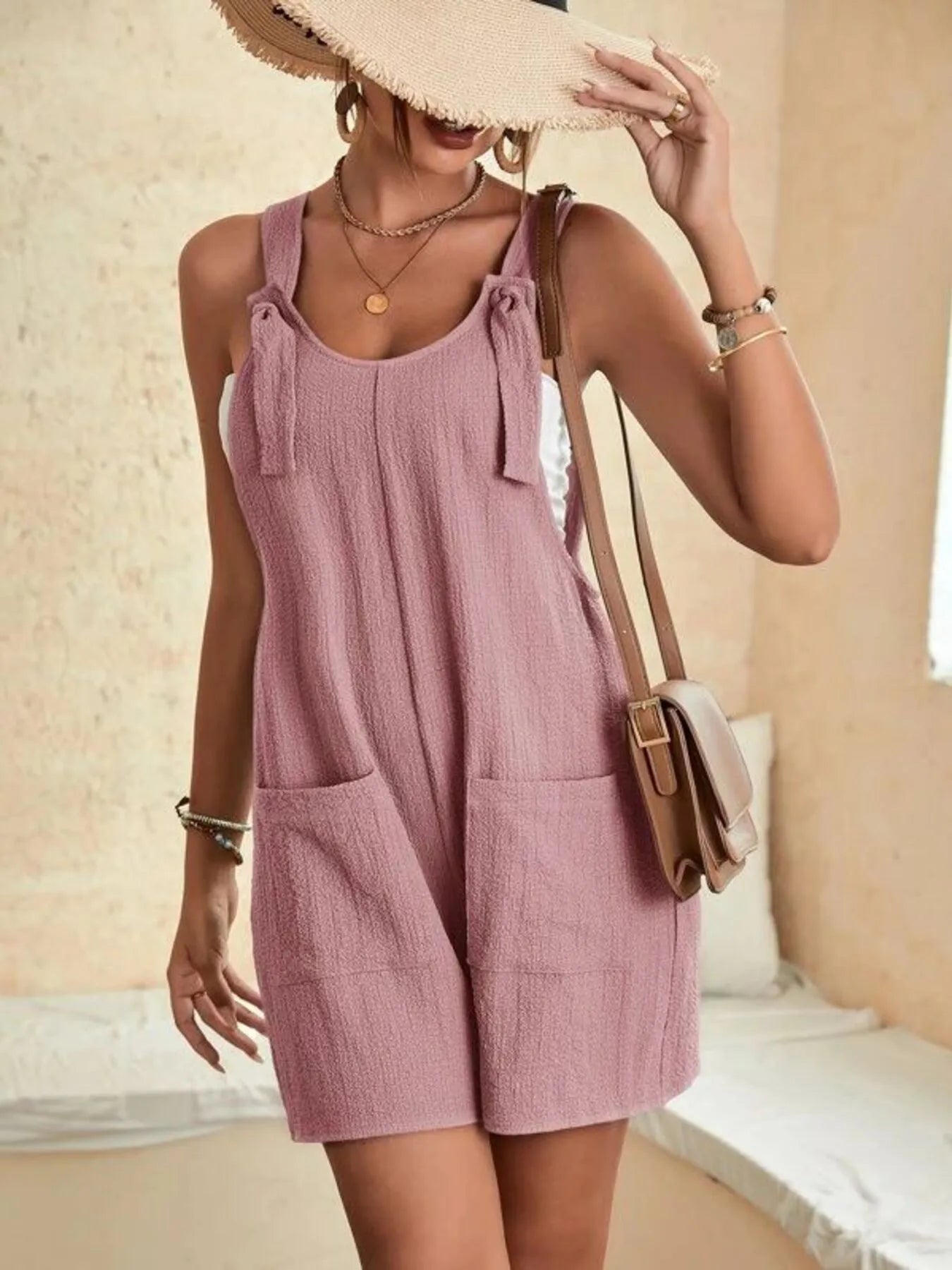 Full Size Knot Strap Romper with Pockets Plus Size Easy Apparels