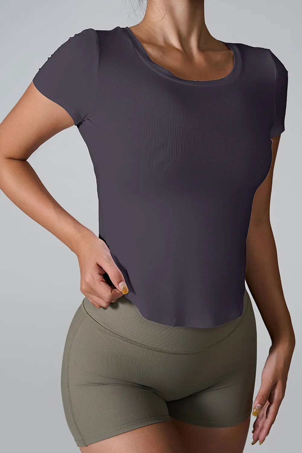 Cutout Round Neck Short Sleeve Active T-Shirt Dark Gray Easy Apparels