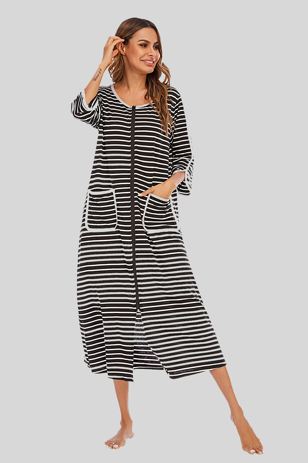 Round Neck Three-Quarter Sleeve Midi Night Dress Black Easy Apparels