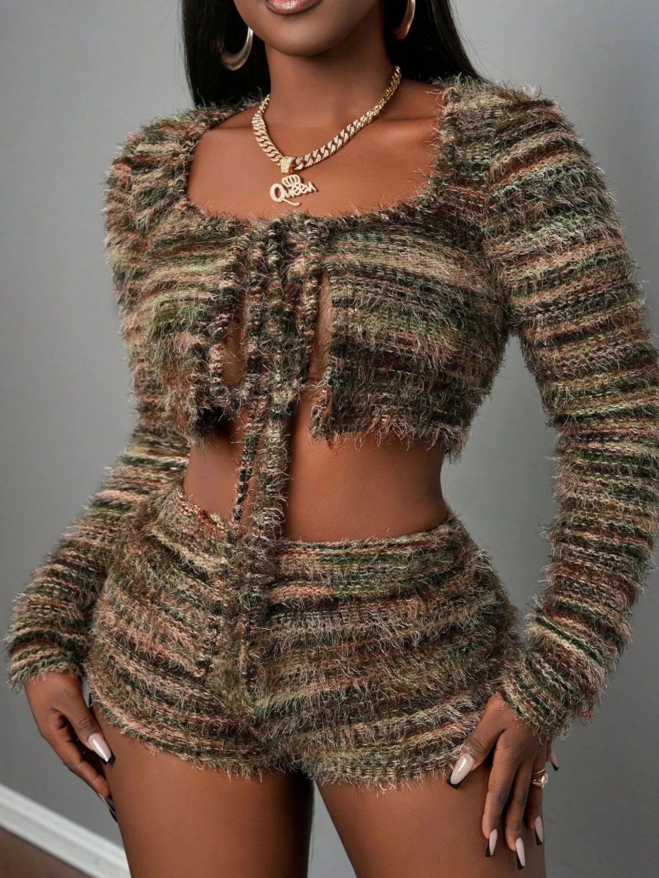 Square Neck Crop Top and Shorts Sweater Set Easy Apparels