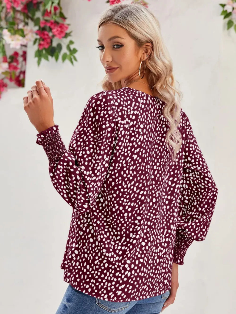 Trendsi Printed V-Neck Lantern Sleeve Blouse