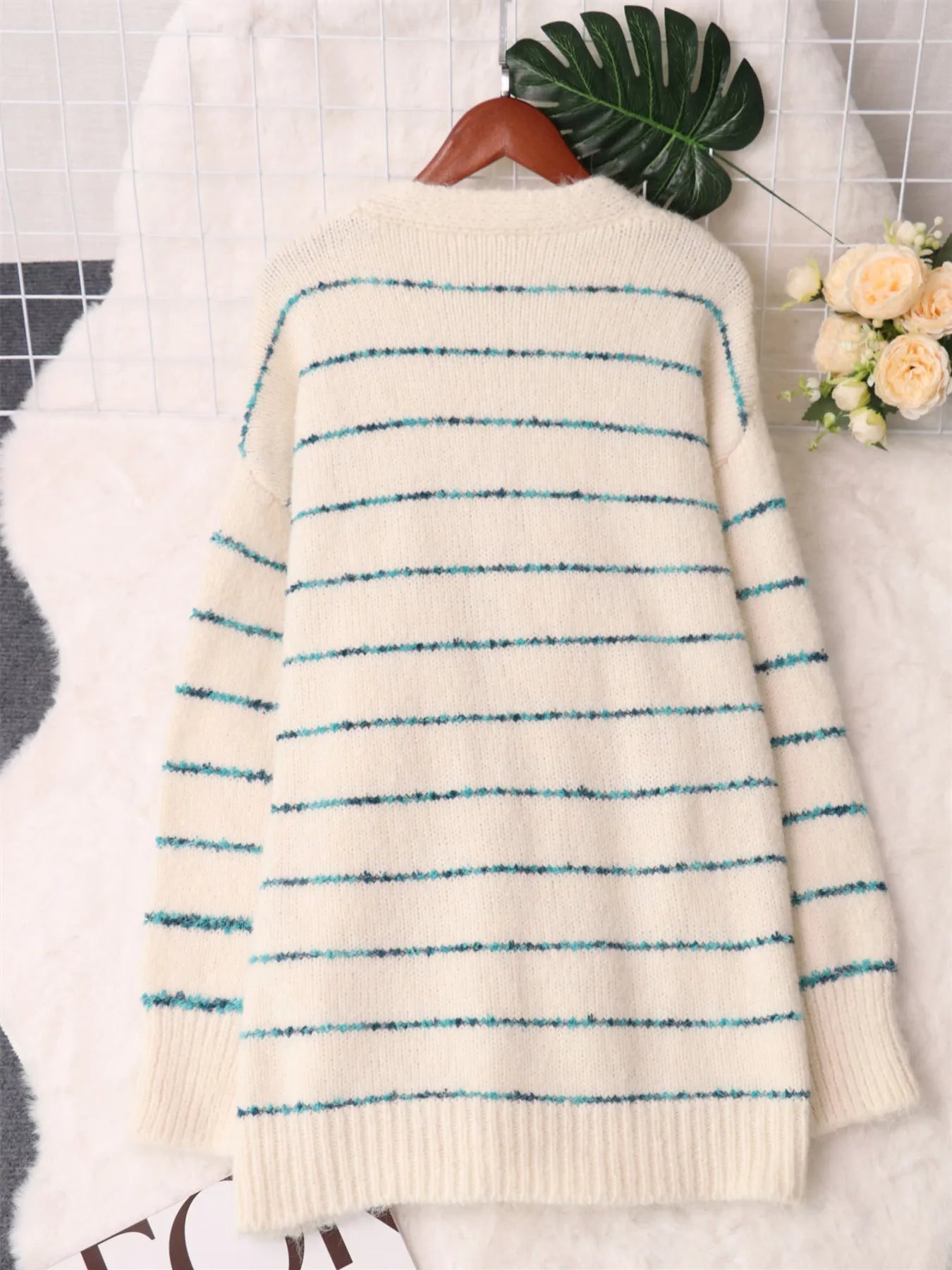Striped Button-Up Cardigan with V-Neck Design Easy Apparels