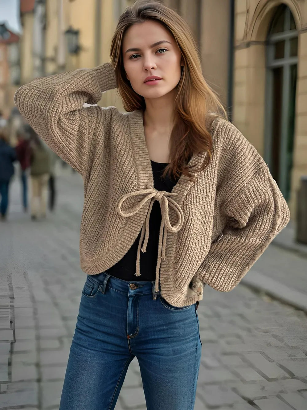 Tied Dropped Shoulder Long Sleeve Cardigan Easy Apparels