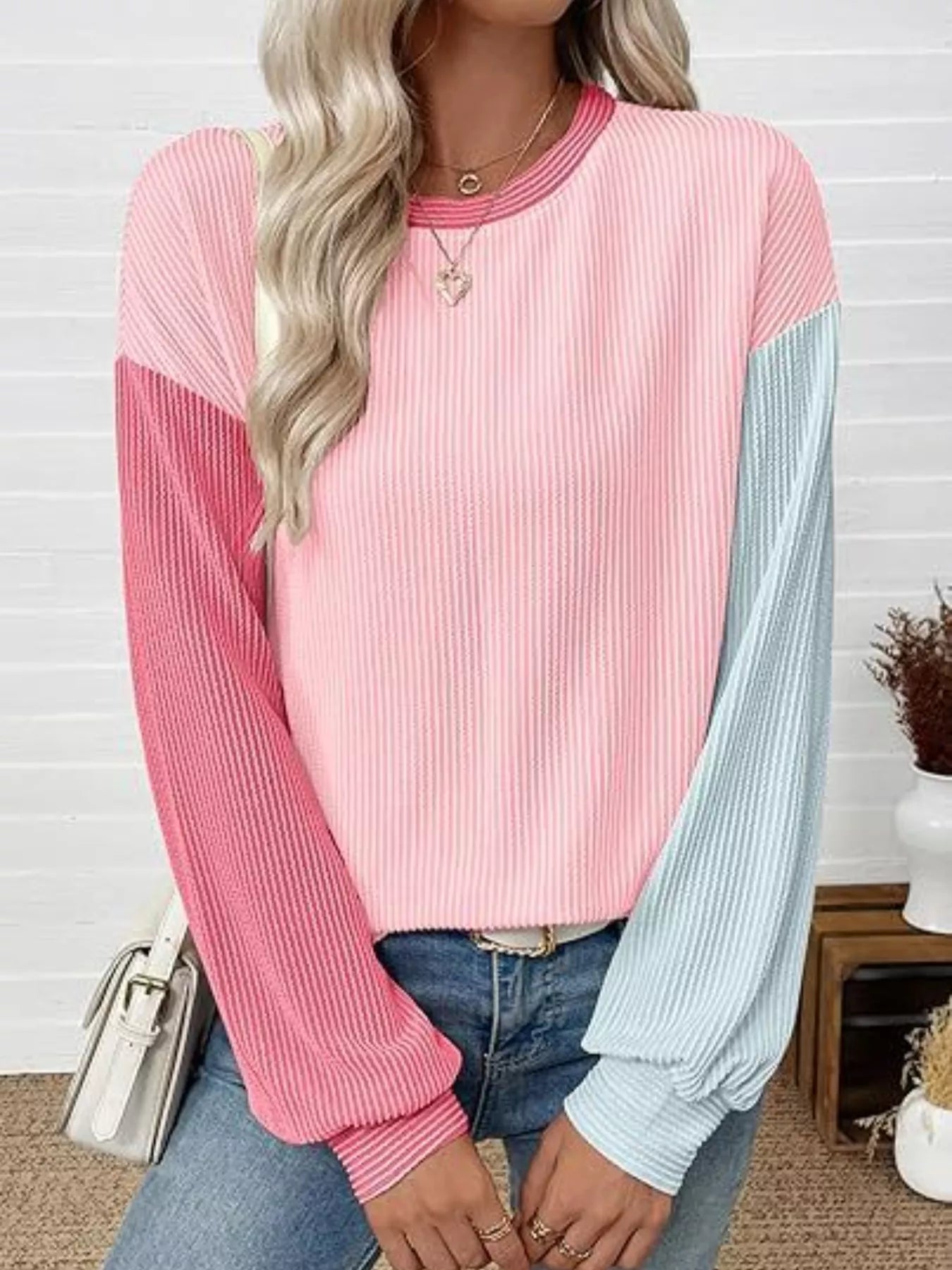 Trendsi Color Block Ribbed Long Sleeve T-Shirt Pink Light blue