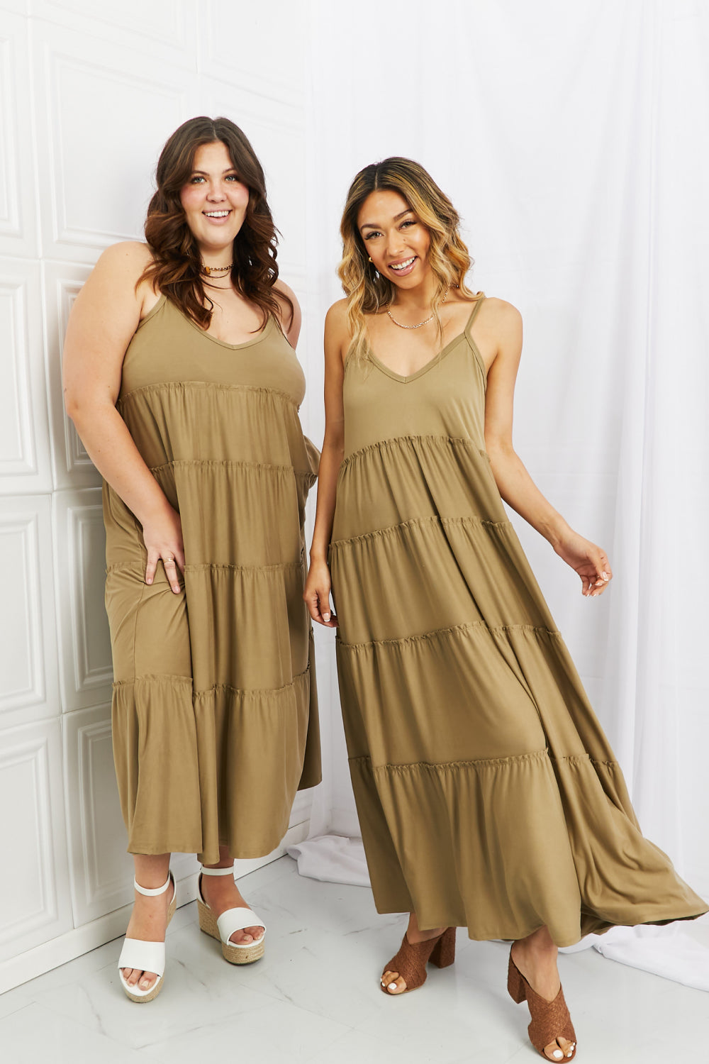 Zenana Full Size Spaghetti Strap Tiered Dress with Pockets in Khaki Easy Apparels