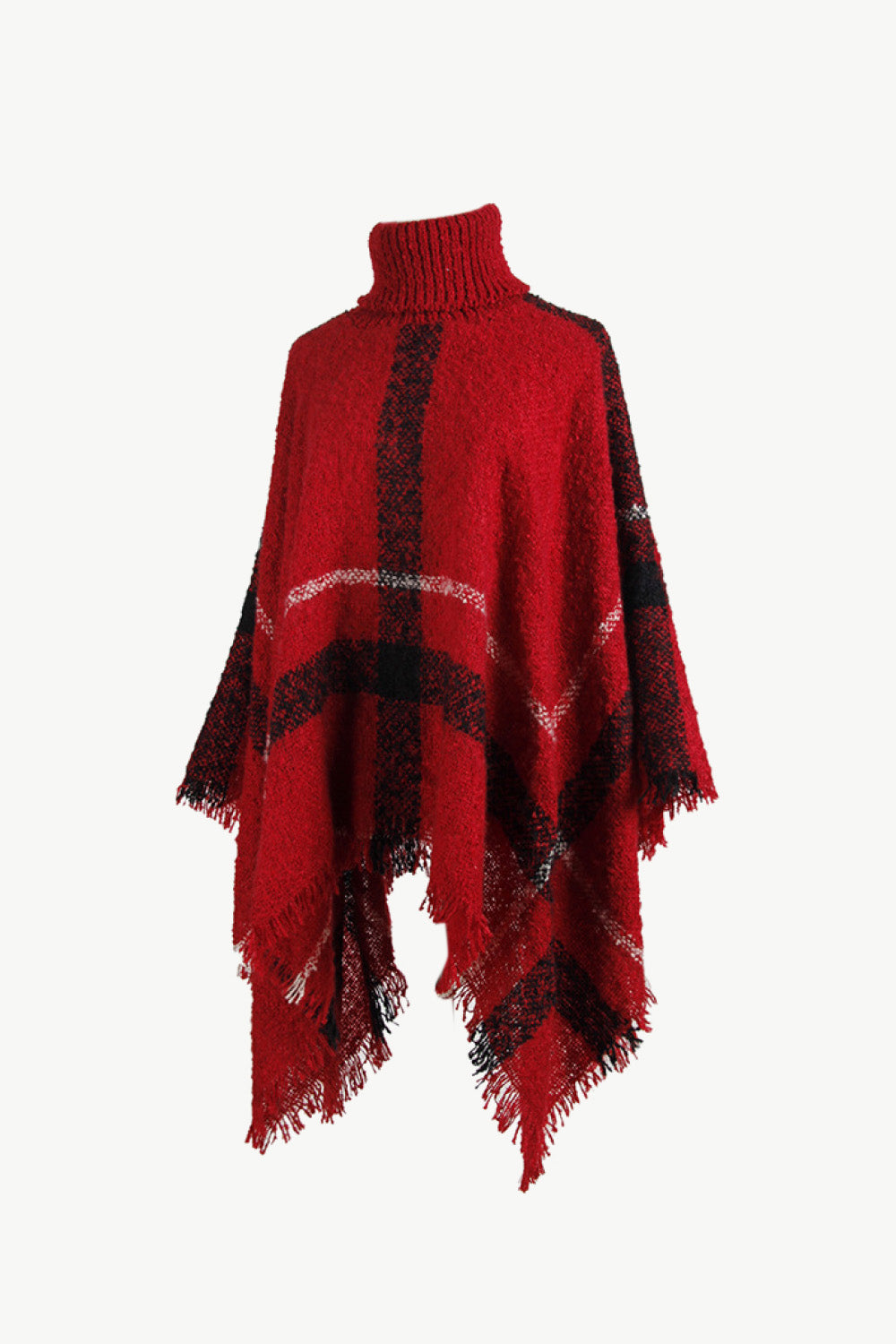 Plaid Turtleneck Raw Hem Poncho Easy Apparels