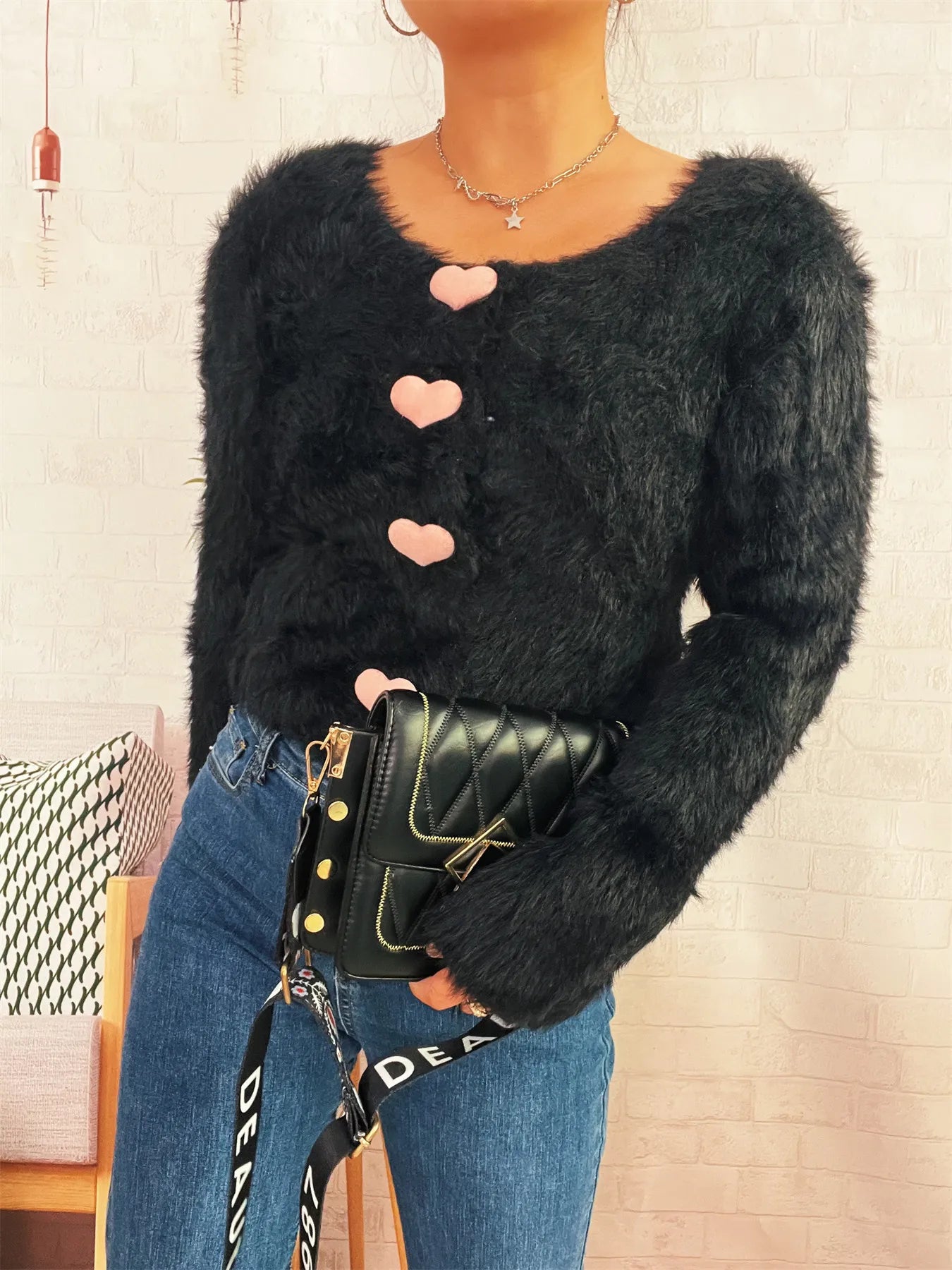 Fuzzy Heart Shape Button-Up Cardigan Easy Apparels