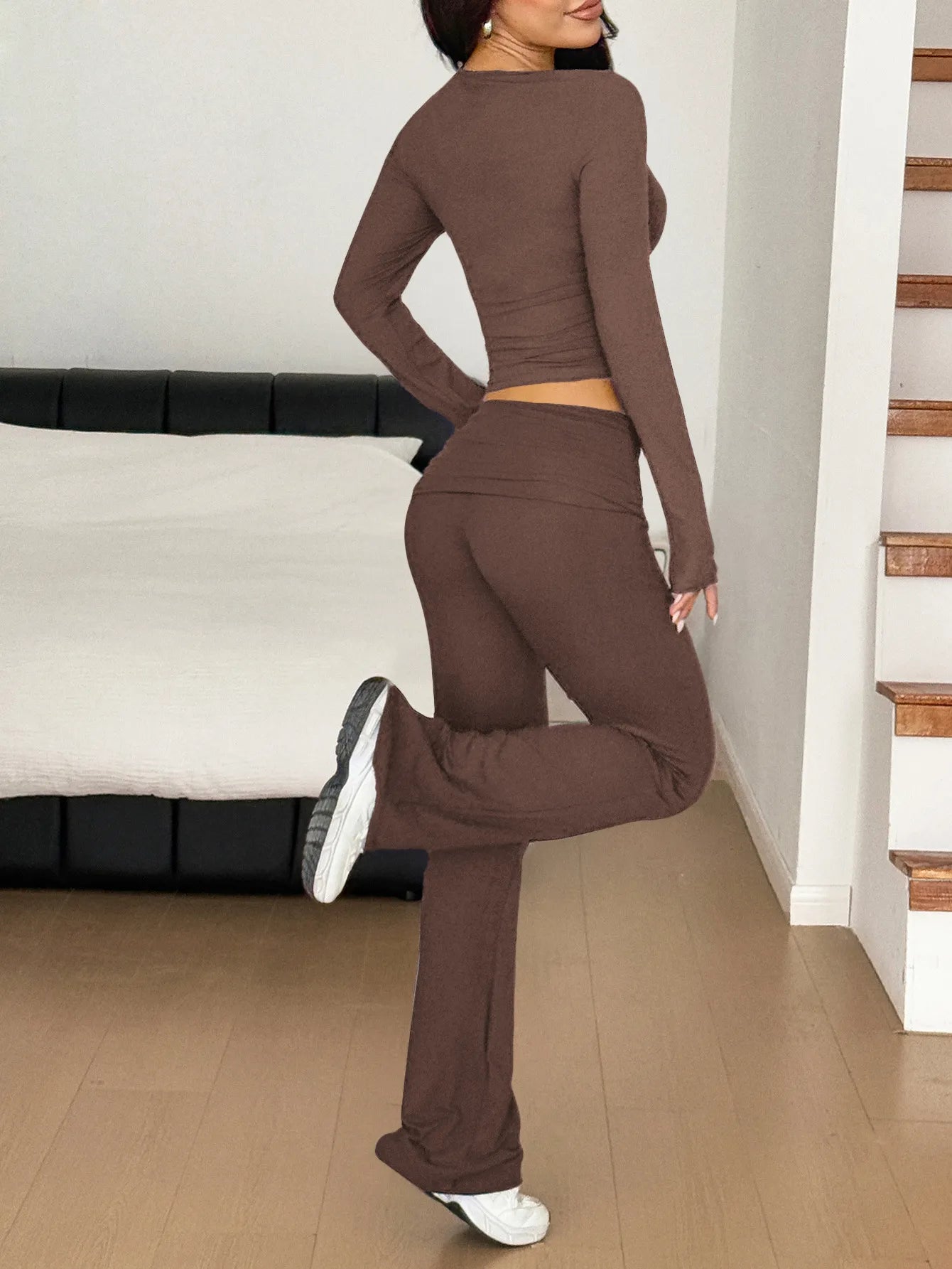 Long Sleeve Crop Top and Bootcut Pants Set Easy Apparels
