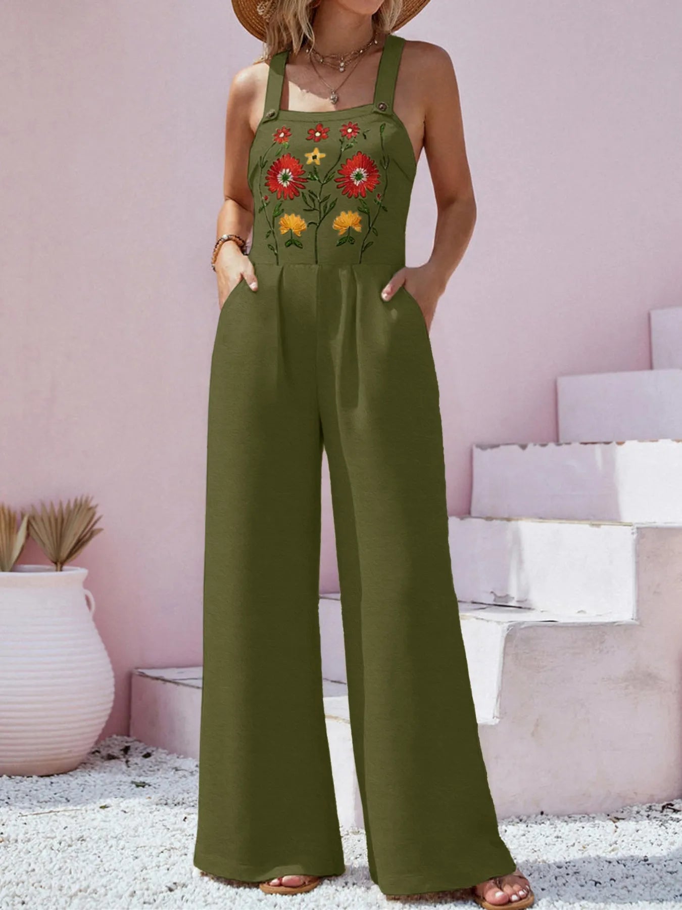 Floral Embroidered Wide Leg Jumpsuit Easy Apparels