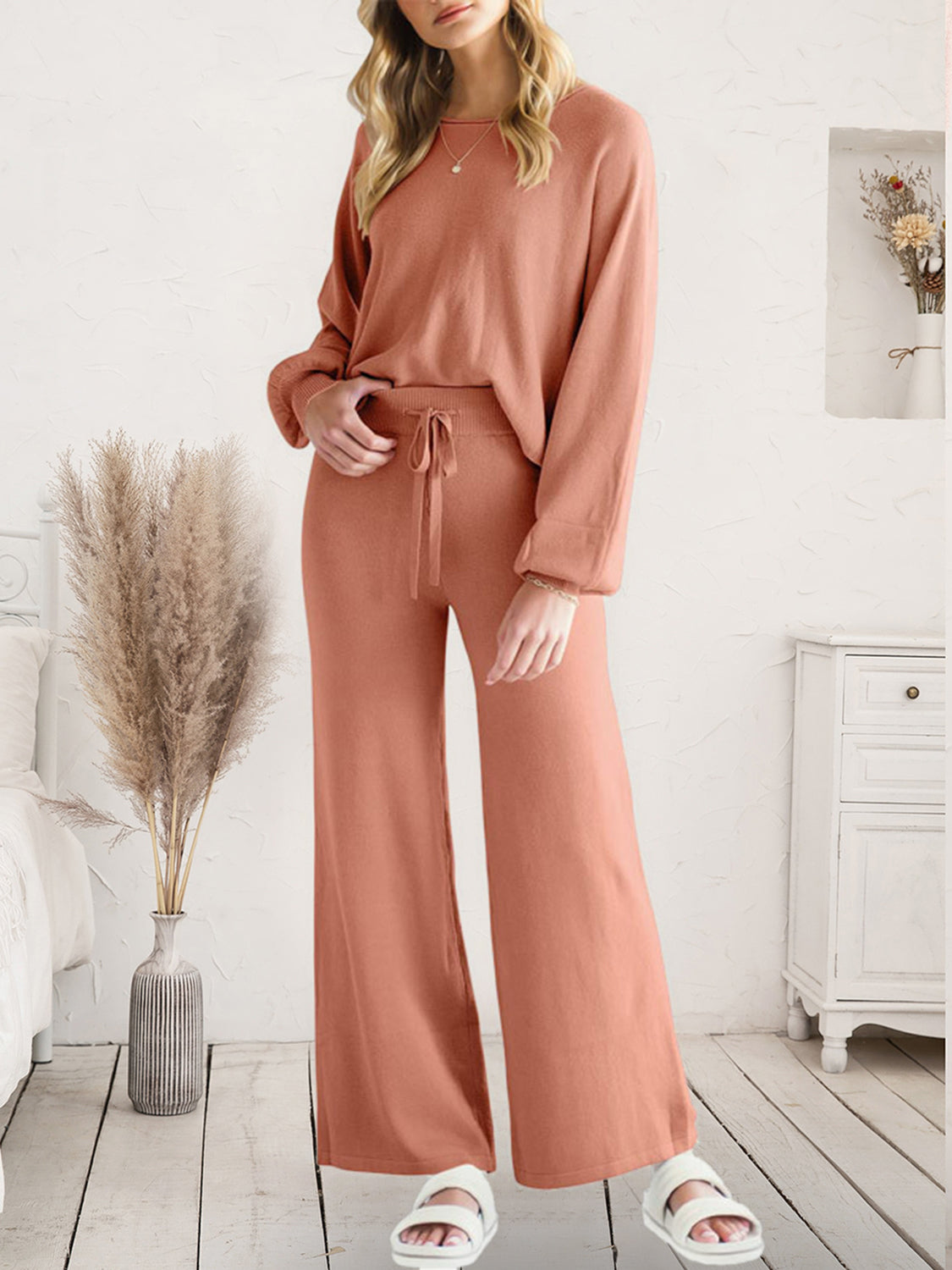 Long Sleeve Lounge Top and Drawstring Pants Set Dusty Pink Easy Apparels