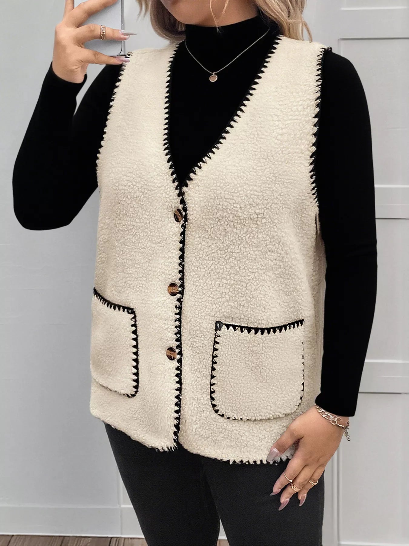 Plus Size Contrast Trim Button Up Vest Coat Easy Apparels
