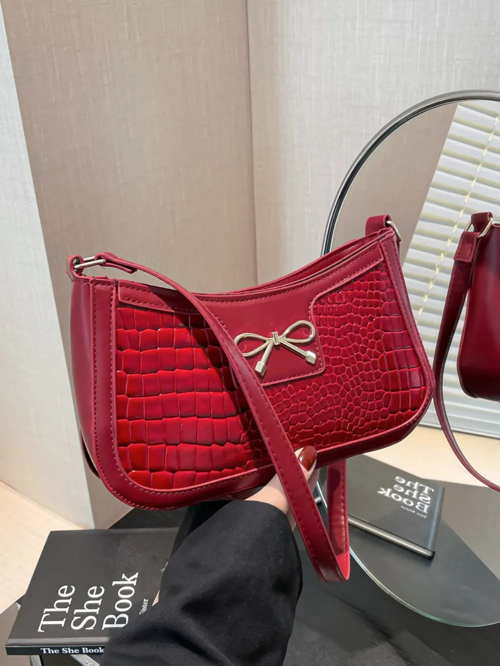 Crocodile Pattern Shoulder Bag with Bow Detail Red One Size Easy Apparels