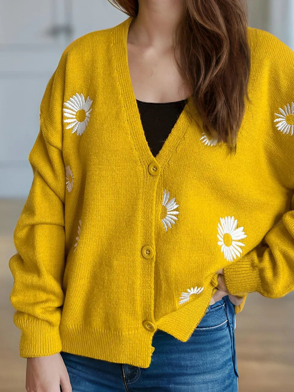 Daisy Button Up V-Neck Cardigan Easy Apparels