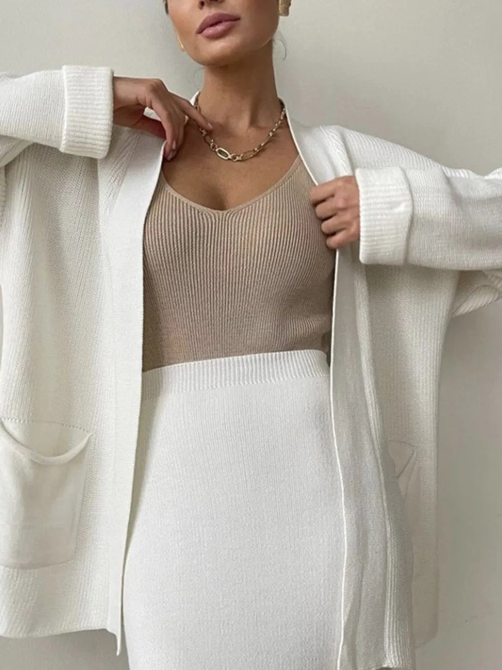 Pocketed Long Sleeve Cardigan and Skirt Sweater Set Easy Apparels