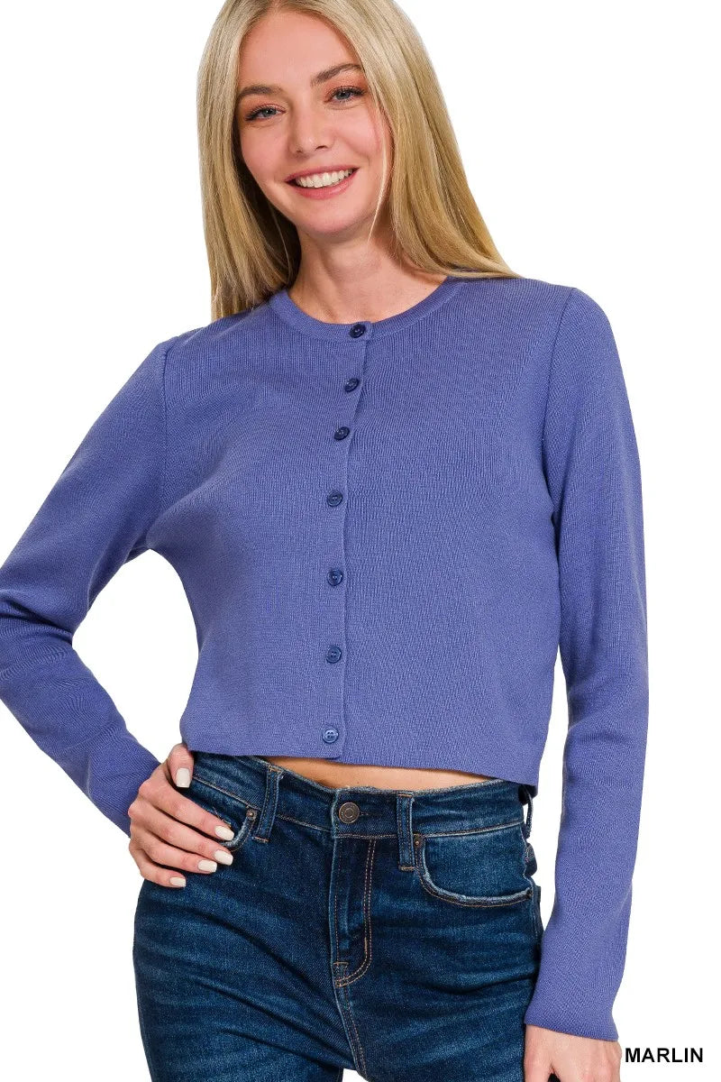 Zenana Button-Front Crewneck Long Sleeve Cropped Cardigan Easy Apparels