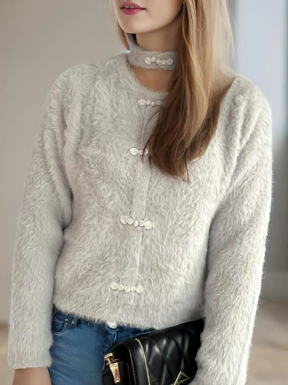 Cutout Knot Button Long Sleeve Cardigan Light Gray One Size Easy Apparels