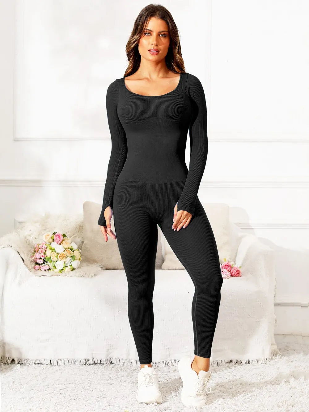 Scoop Neck Long Sleeve Active Jumpsuit Black Easy Apparels
