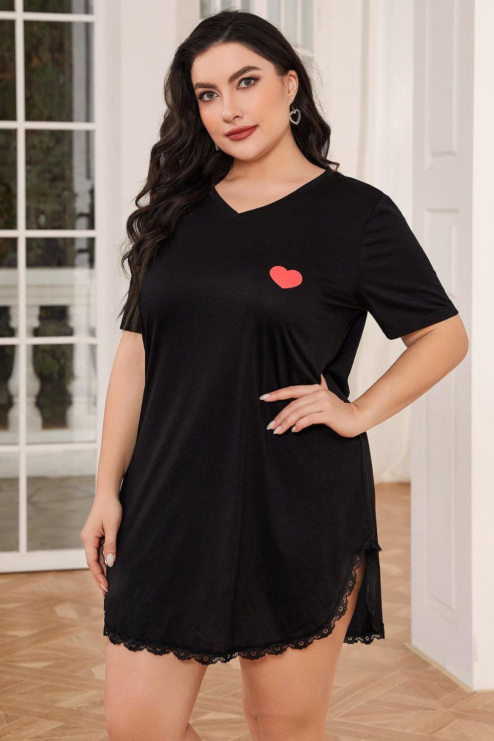 Plus Size Lace Trim V-Neck Short Sleeve Night Dress Easy Apparels
