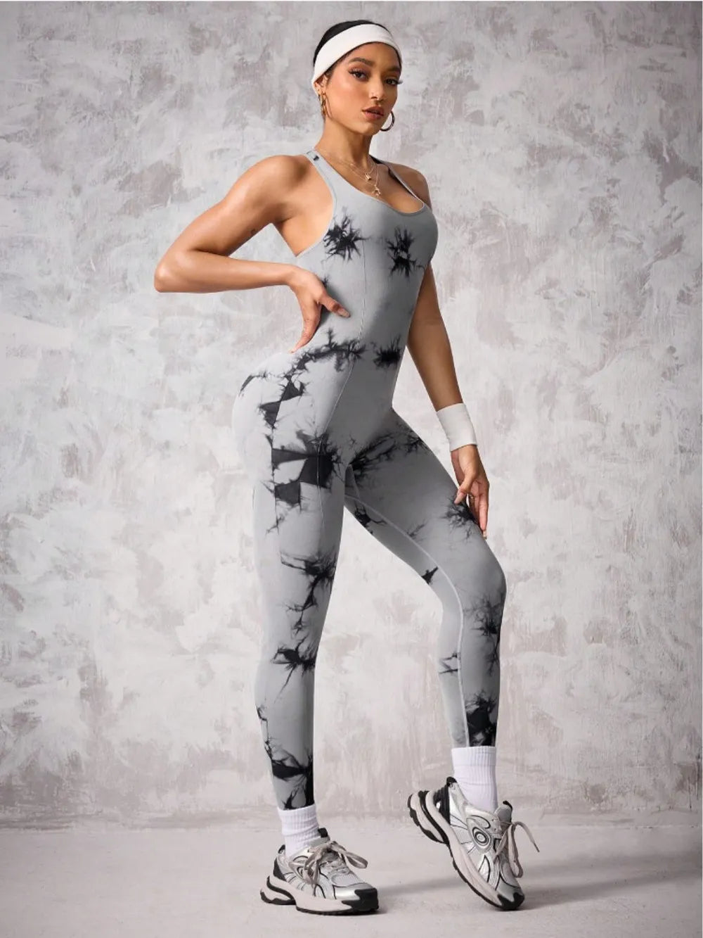 Back Crisscross Tie-Dye Scoop Neck Active Jumpsuit Gray Easy Apparels