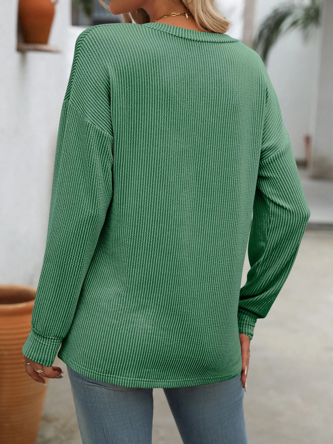 Trendsi Ribbed V-Neck Long Sleeve T-Shirt