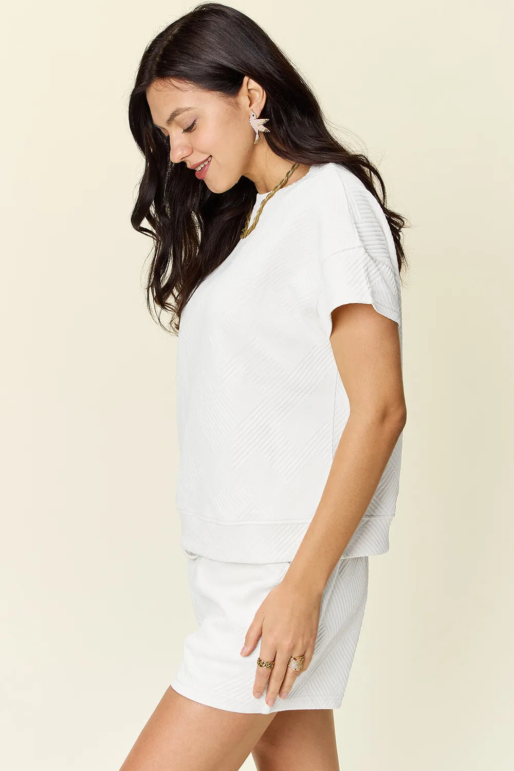 Double Take Full Size Texture Short Sleeve T-Shirt and Drawstring Shorts Set Easy Apparels