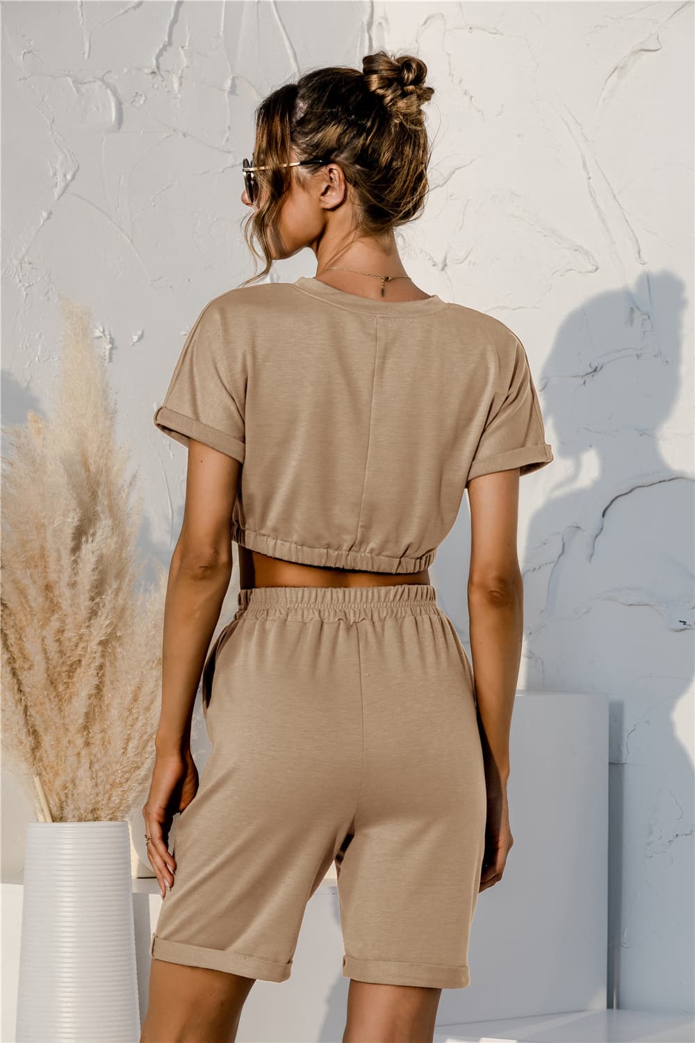 Short Sleeve Cropped Top and Drawstring Shorts Lounge Set Easy Apparels