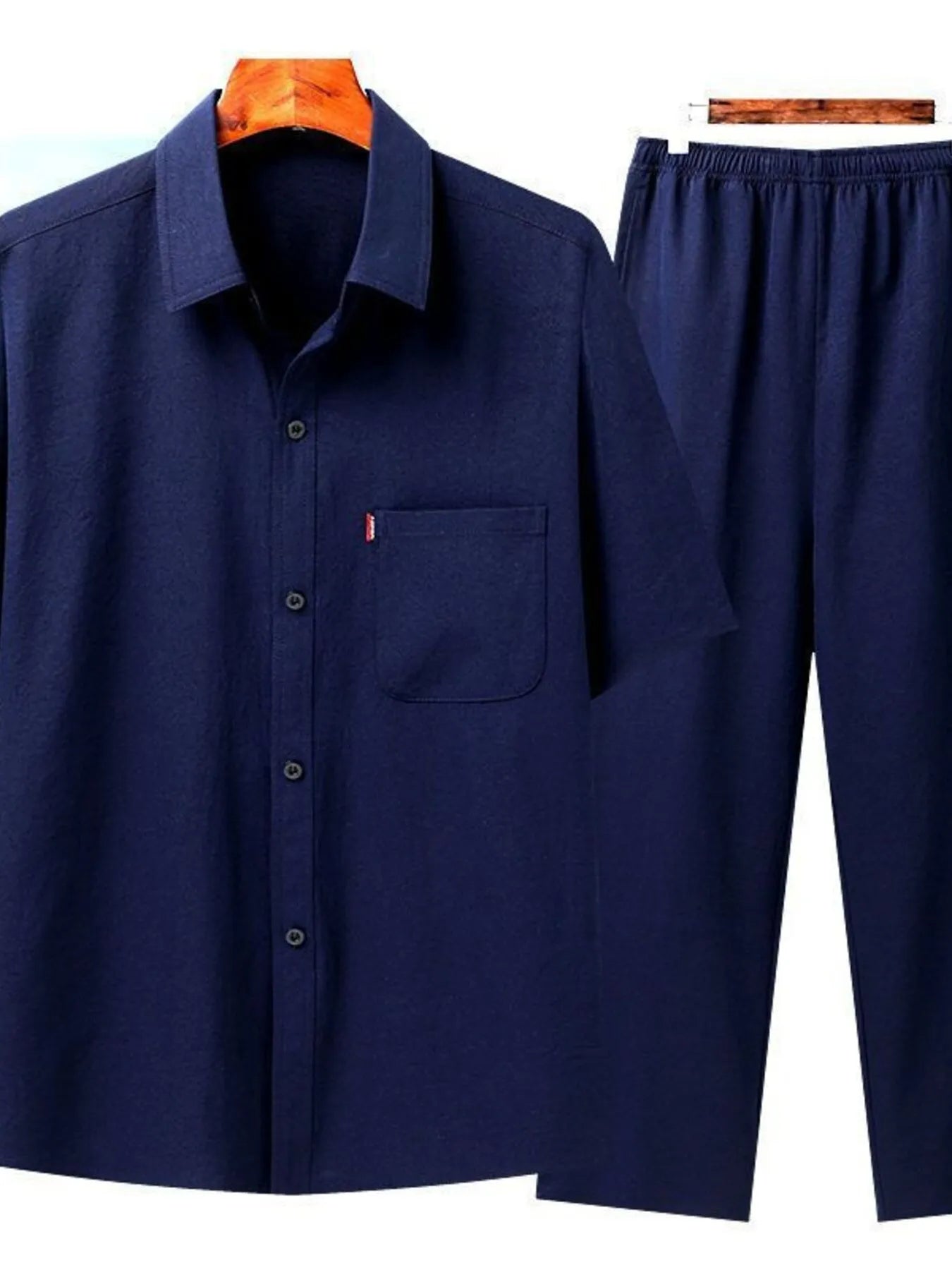 Men's Full Size Button Up Short Sleeve Shirt and Pants Set Plus Size Navy Easy Apparels