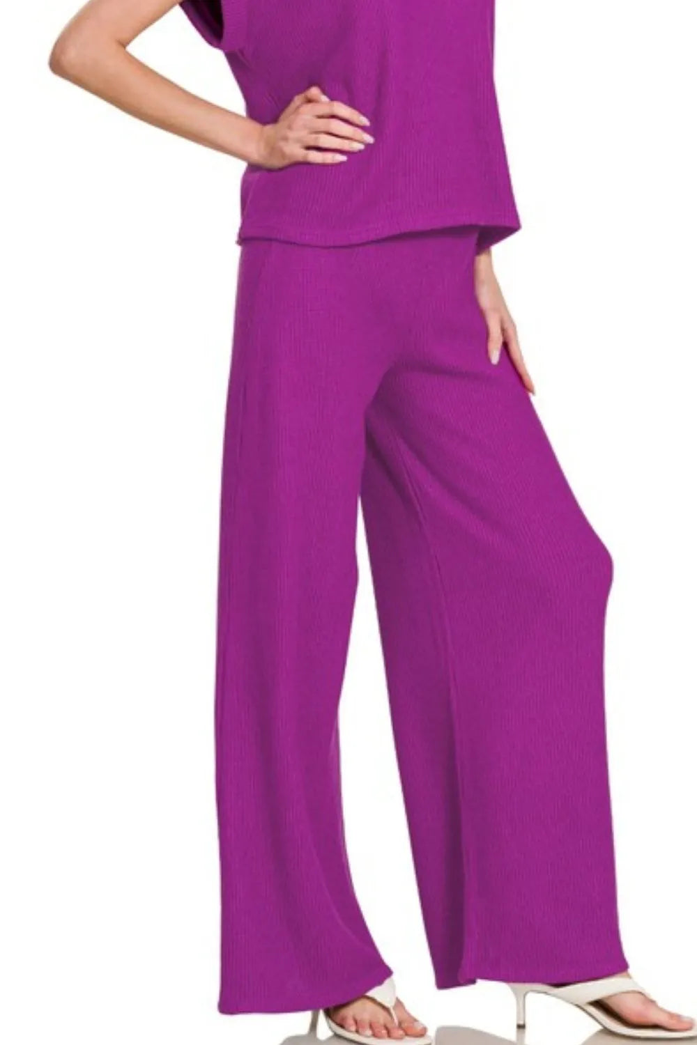 Zenana Rolled Sleeve Top and Pants Sweater Set Easy Apparels