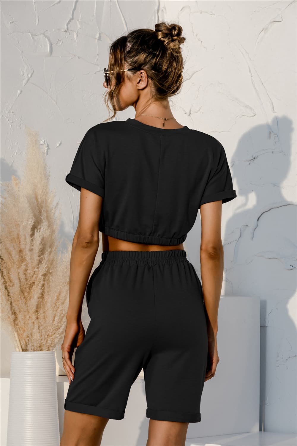 Short Sleeve Cropped Top and Drawstring Shorts Lounge Set Easy Apparels