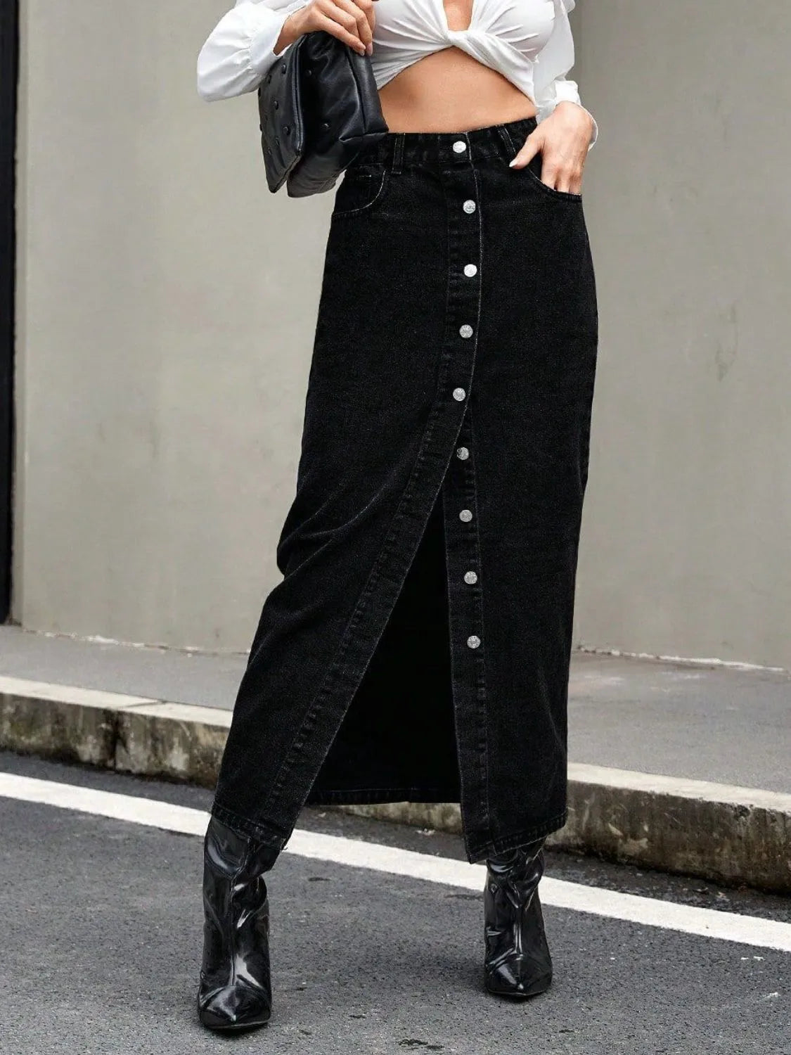 Button Front Denim Skirt Easy Apparels