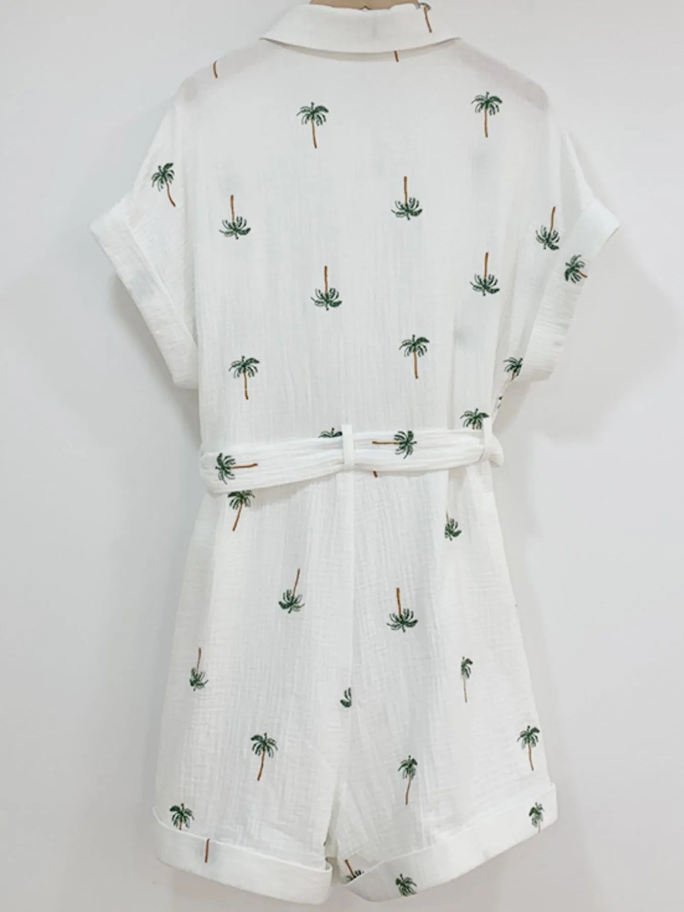 Palm Tree Print Short Sleeve Button-Up Romper with Belt Easy Apparels