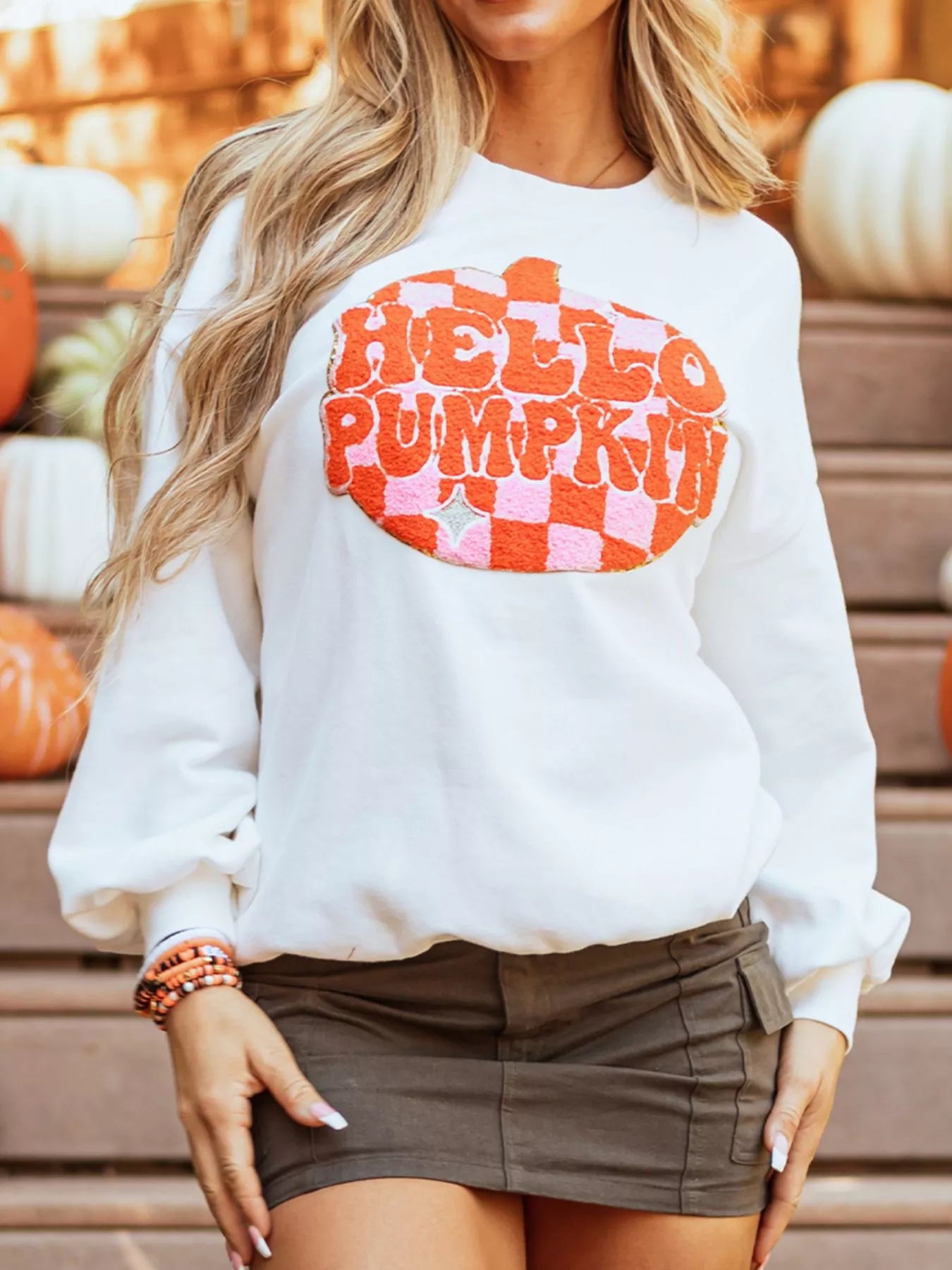 Halloween Pumpkin Patched Pattern Long Sleeve Sweatshirt White Easy Apparels