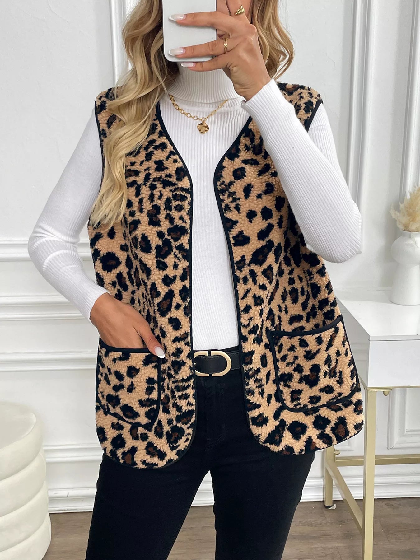 Leopard Fleece Vest Coat with Pockets Easy Apparels