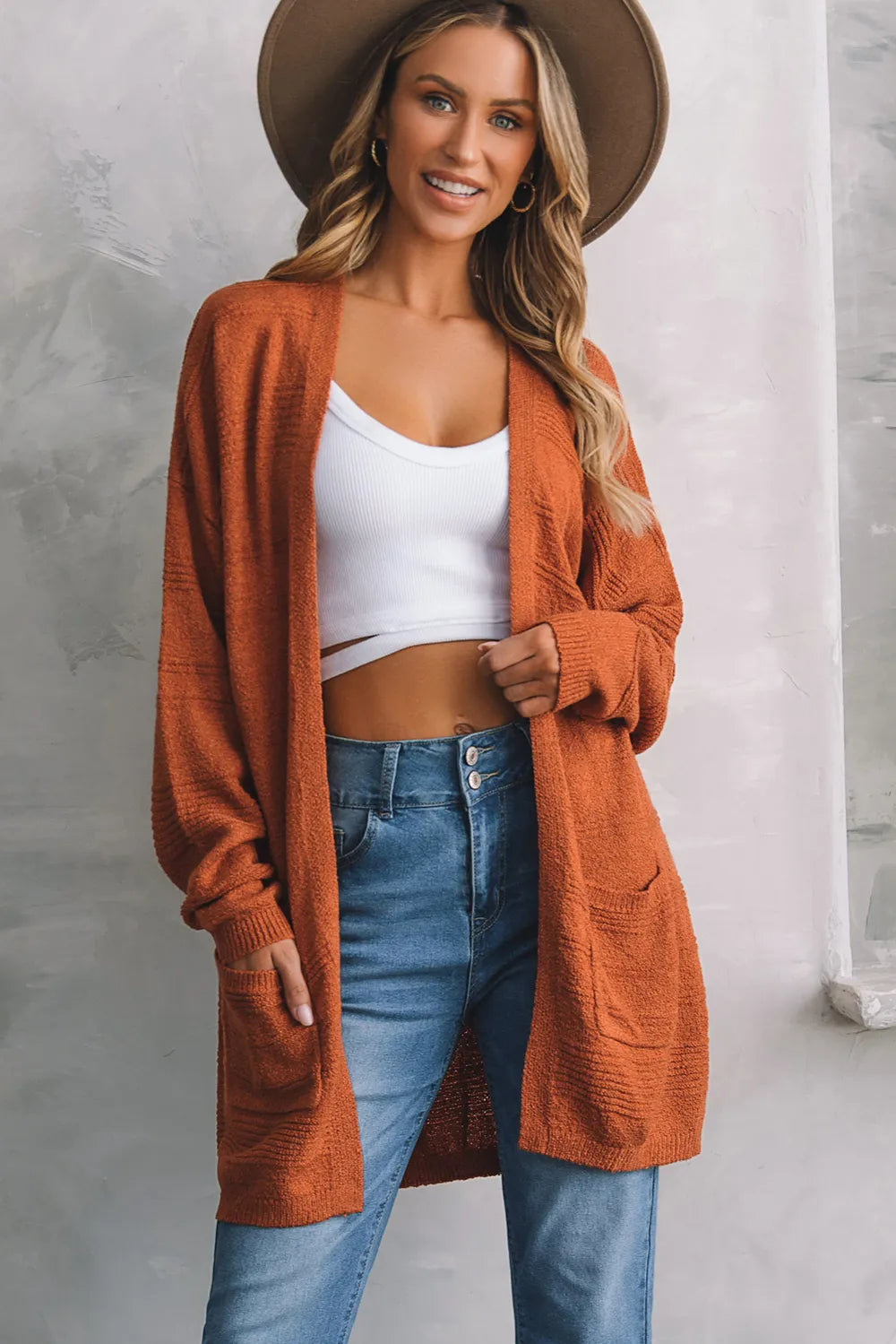 Open Front Textured Cardigan with Pockets Easy Apparels