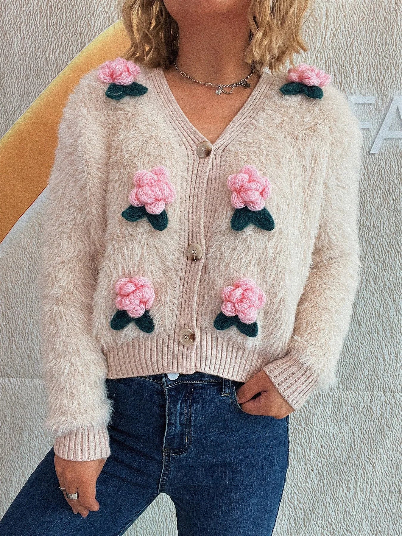 Flower Fuzzy Button-Up Cardigan Apricot One Size Easy Apparels