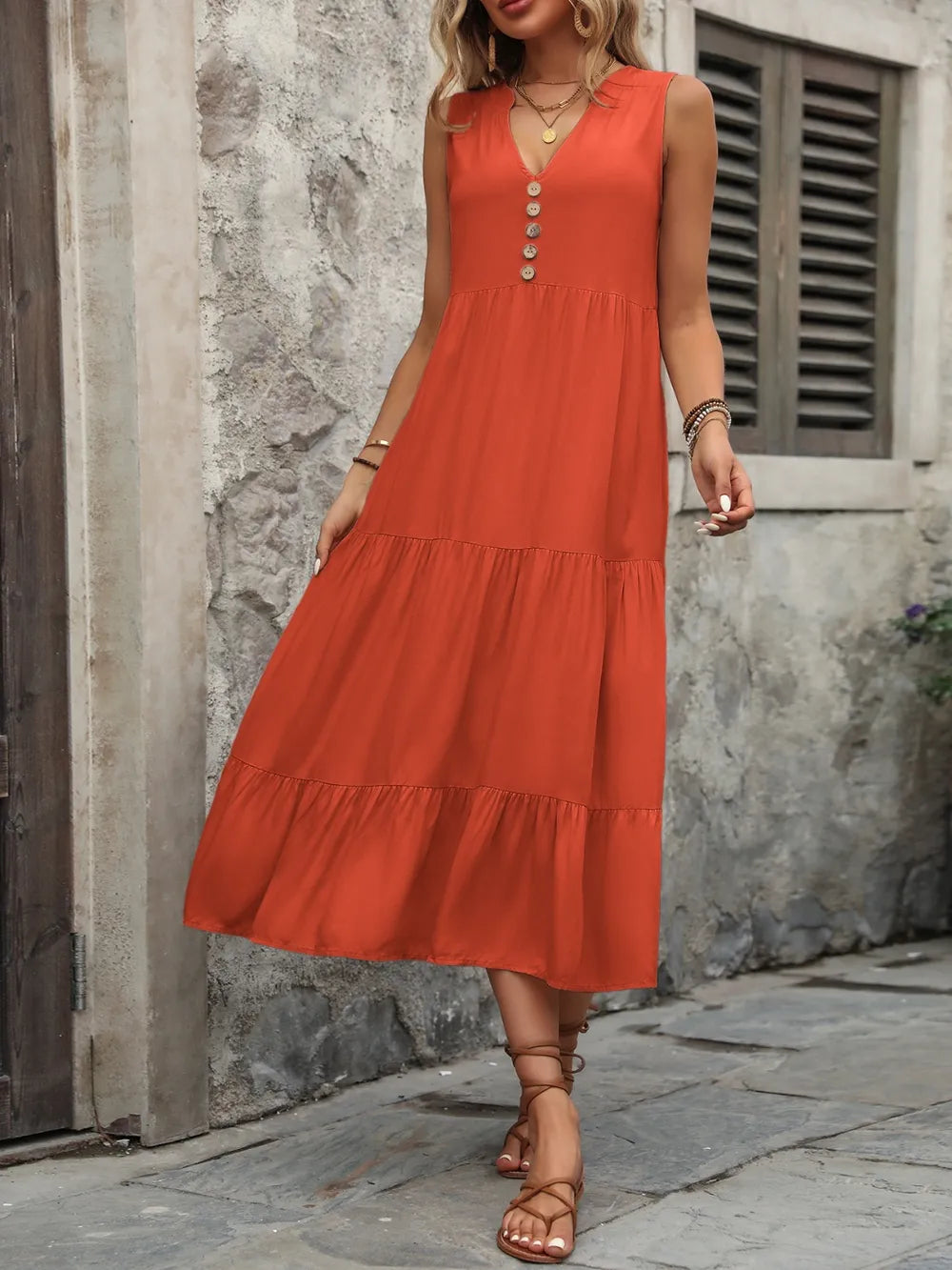 Ivy Lane Decorative Button Notched Sleeveless Dress Easy Apparels