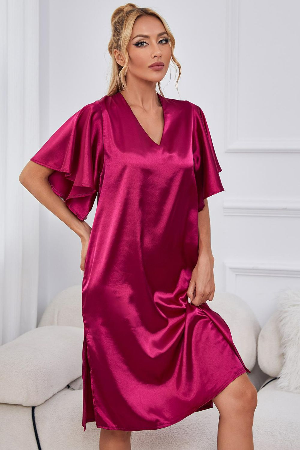 Satin Flutter Sleeve Side Slit V-Neck Night Dress Easy Apparels