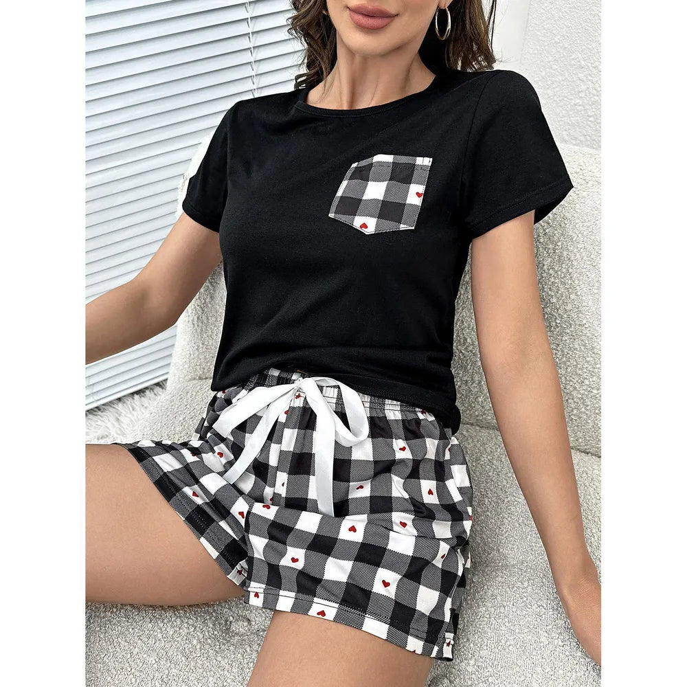 Plaid Heart Top and Shorts Lounge Set Easy Apparels