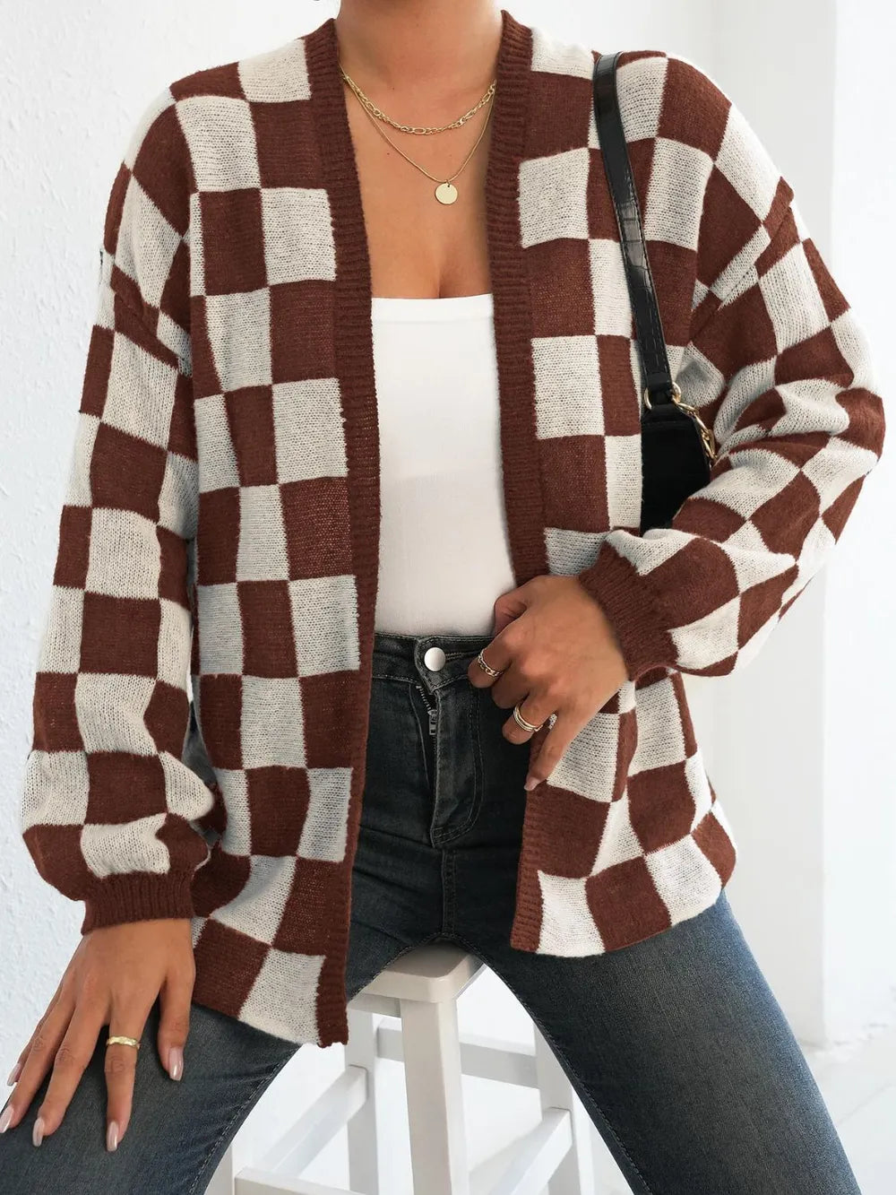 Checkered Open Front Long Sleeve Cardigan Brown White Easy Apparels