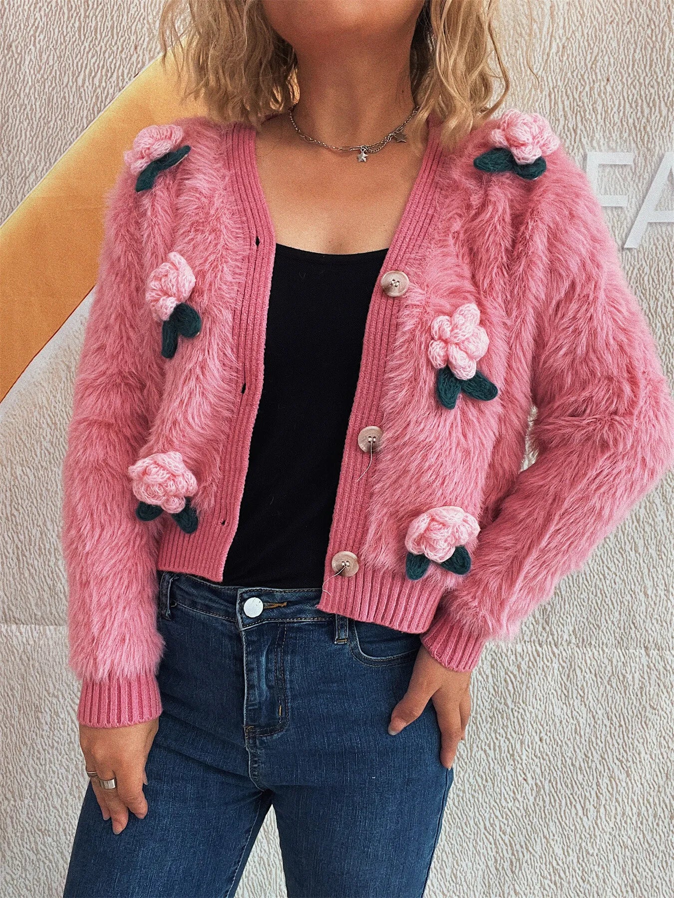 Flower Fuzzy Button-Up Cardigan Easy Apparels