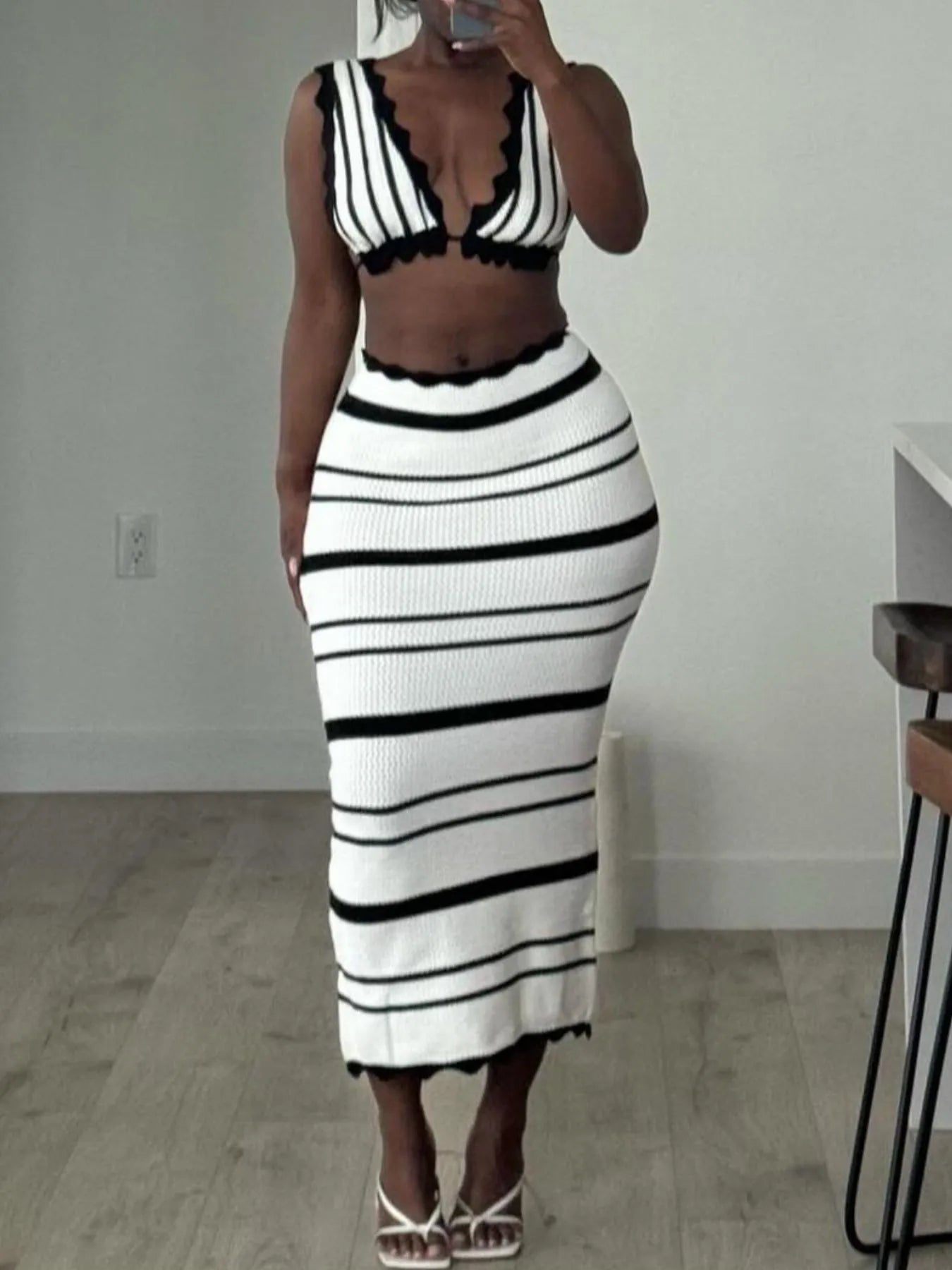 Striped Cami and Midi Skirt Sweater Set Easy Apparels