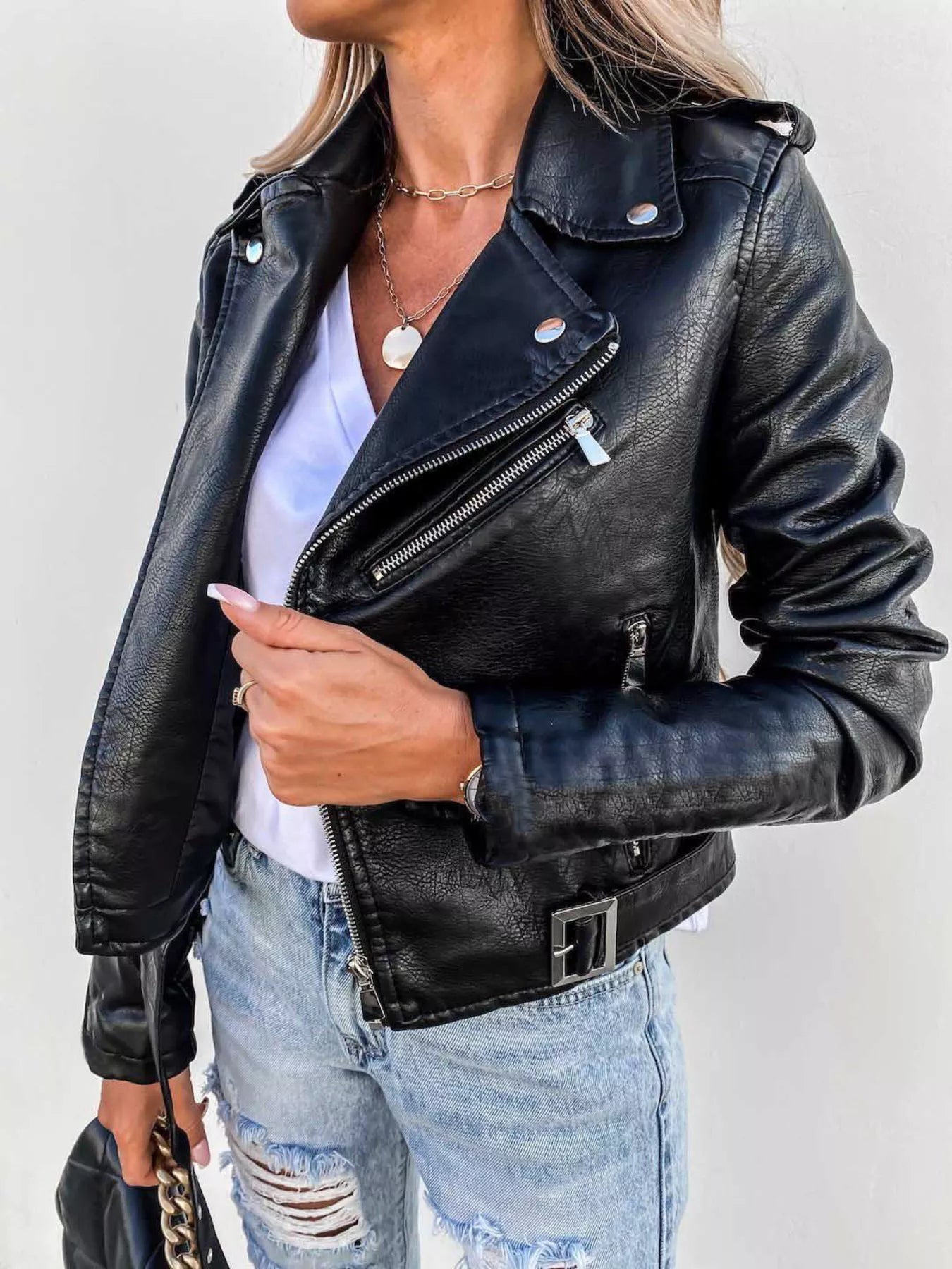 Full Size Zip Up Leather Motorcycle Biker Jacket Plus Size Black Easy Apparels
