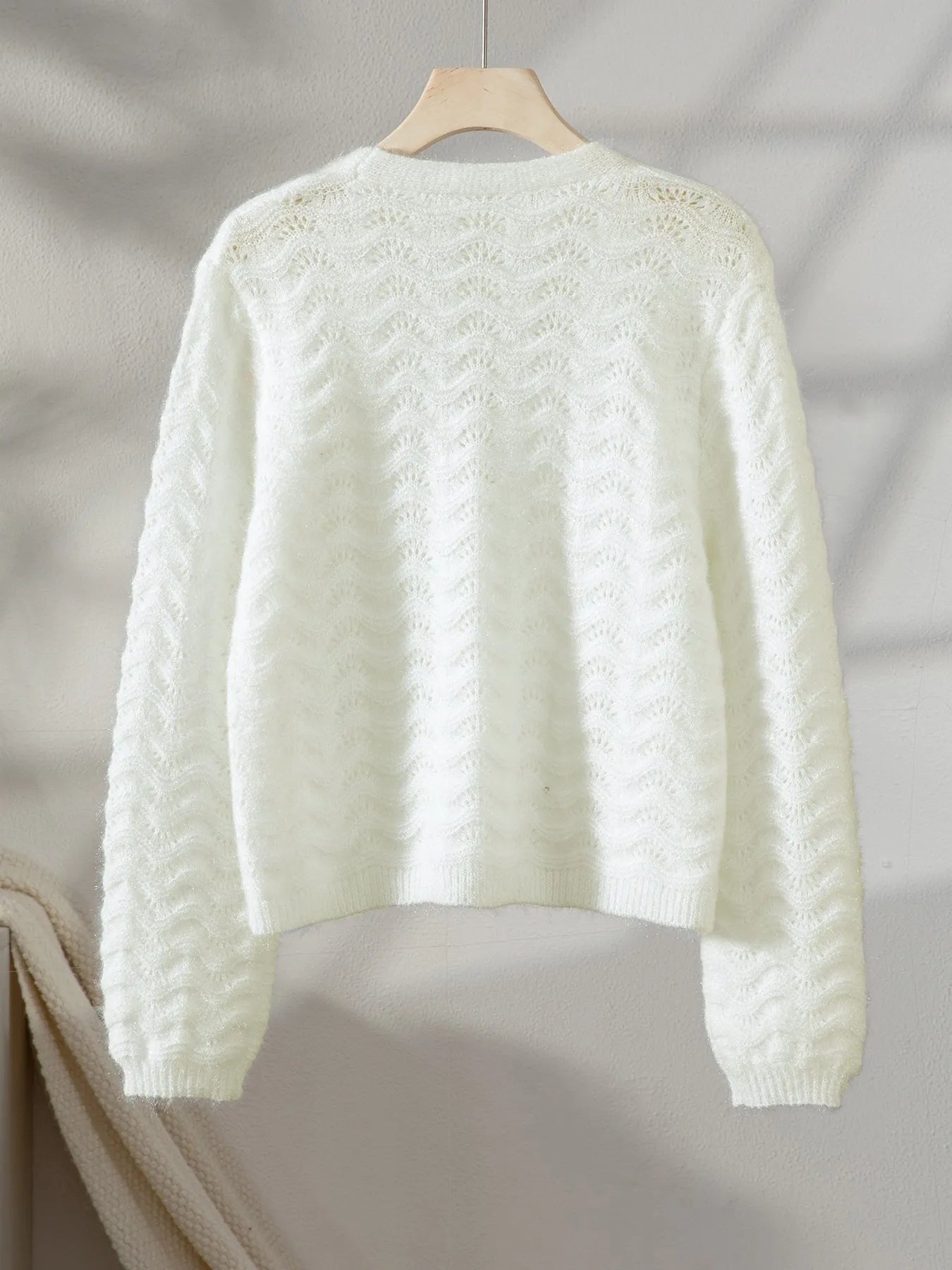 Openwork V-Neck Button Down Cardigan Easy Apparels