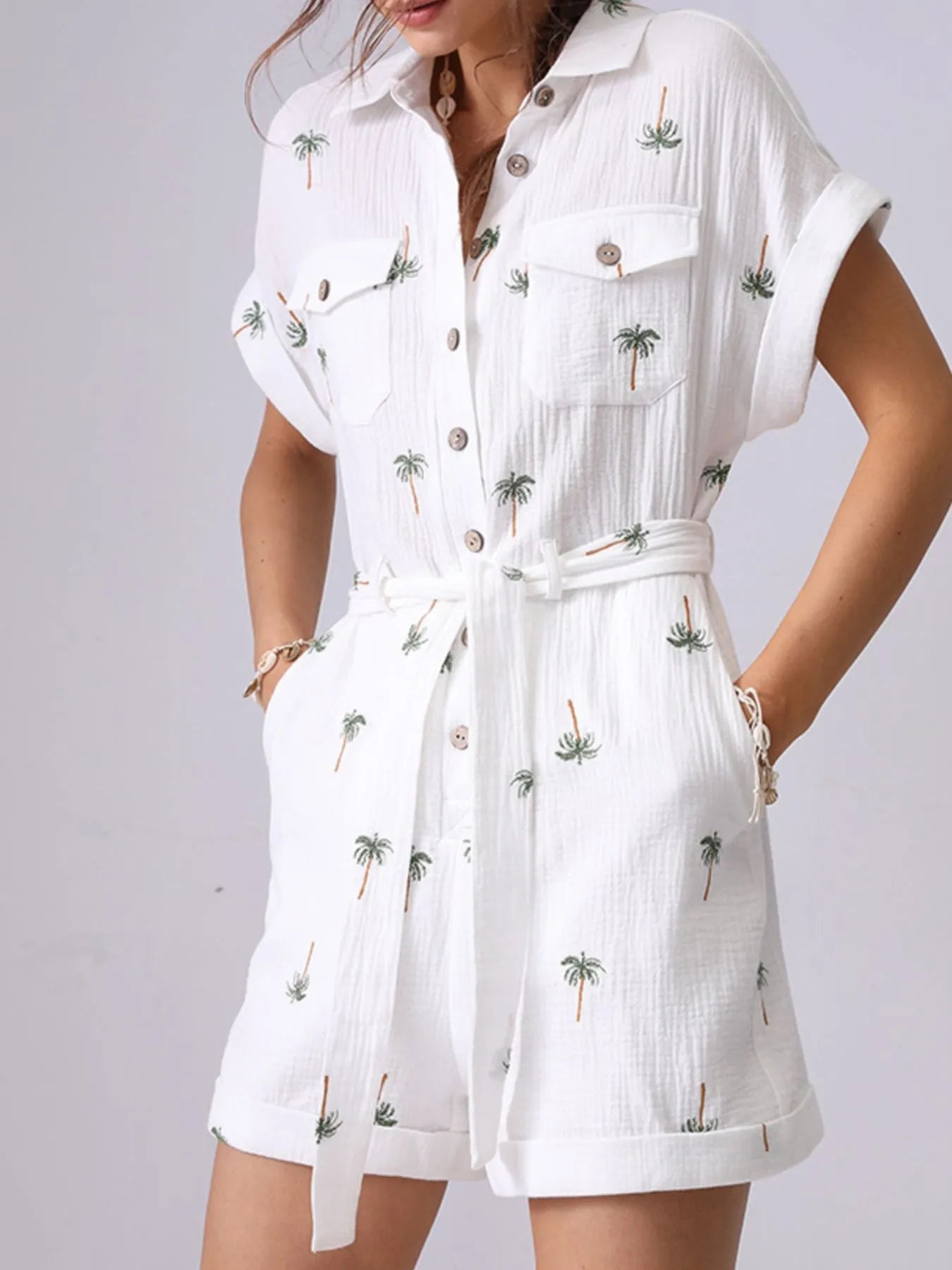 Palm Tree Print Short Sleeve Button-Up Romper with Belt Easy Apparels