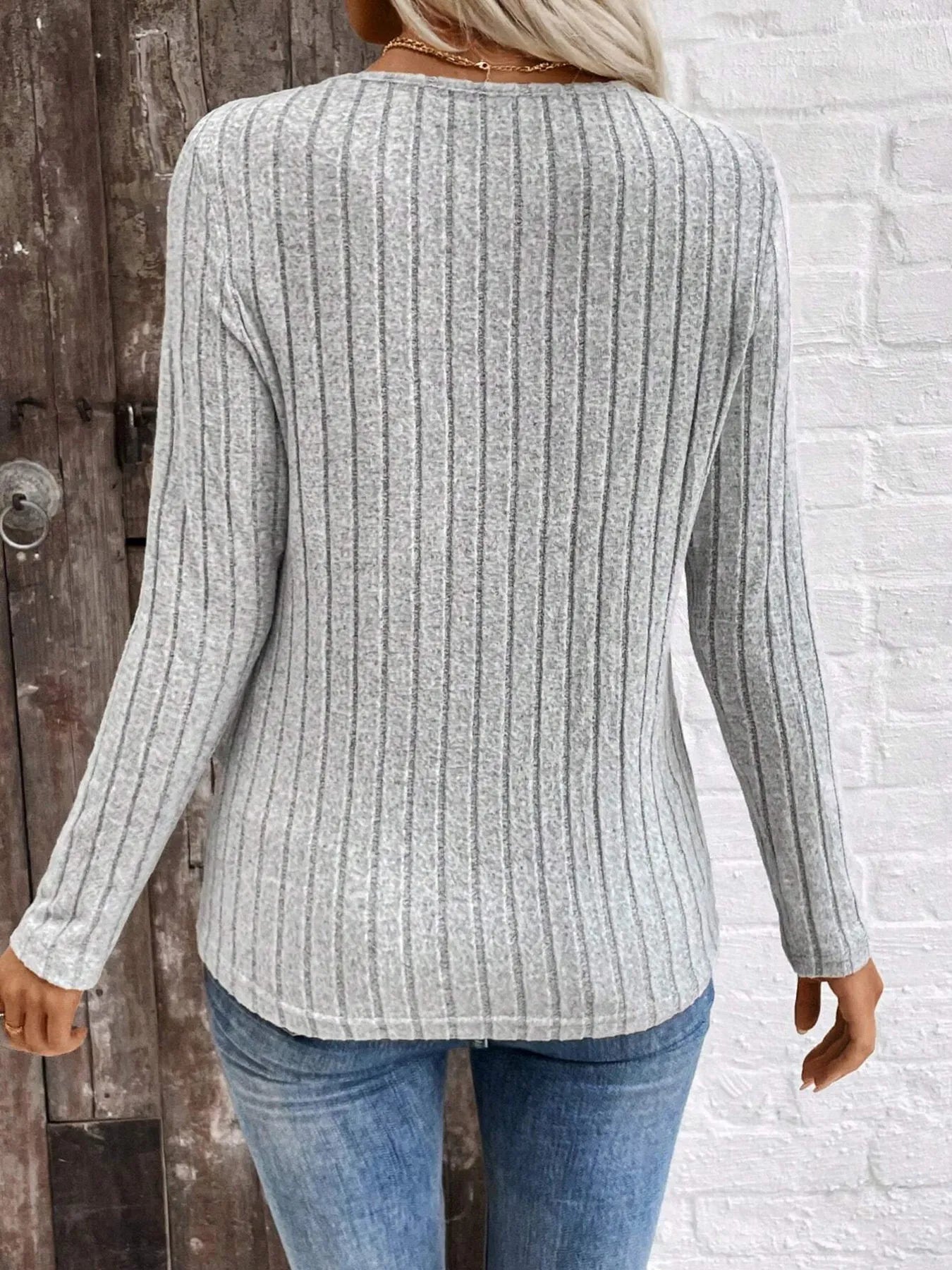 Trendsi Ribbed V-Neck Long Sleeve Knit T-Shirt