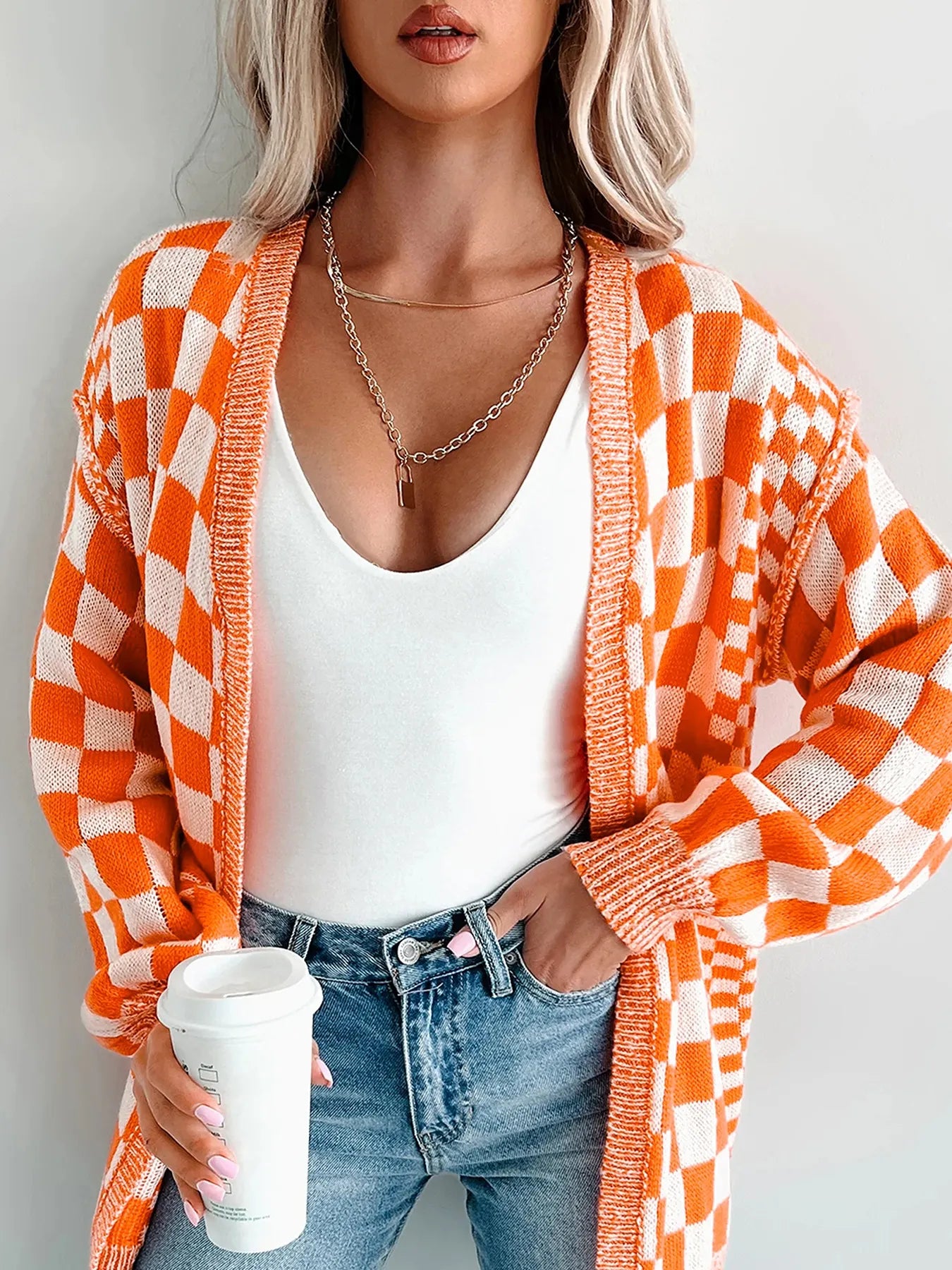 Checkered Pattern Open Front Cardigan Tangerine Easy Apparels