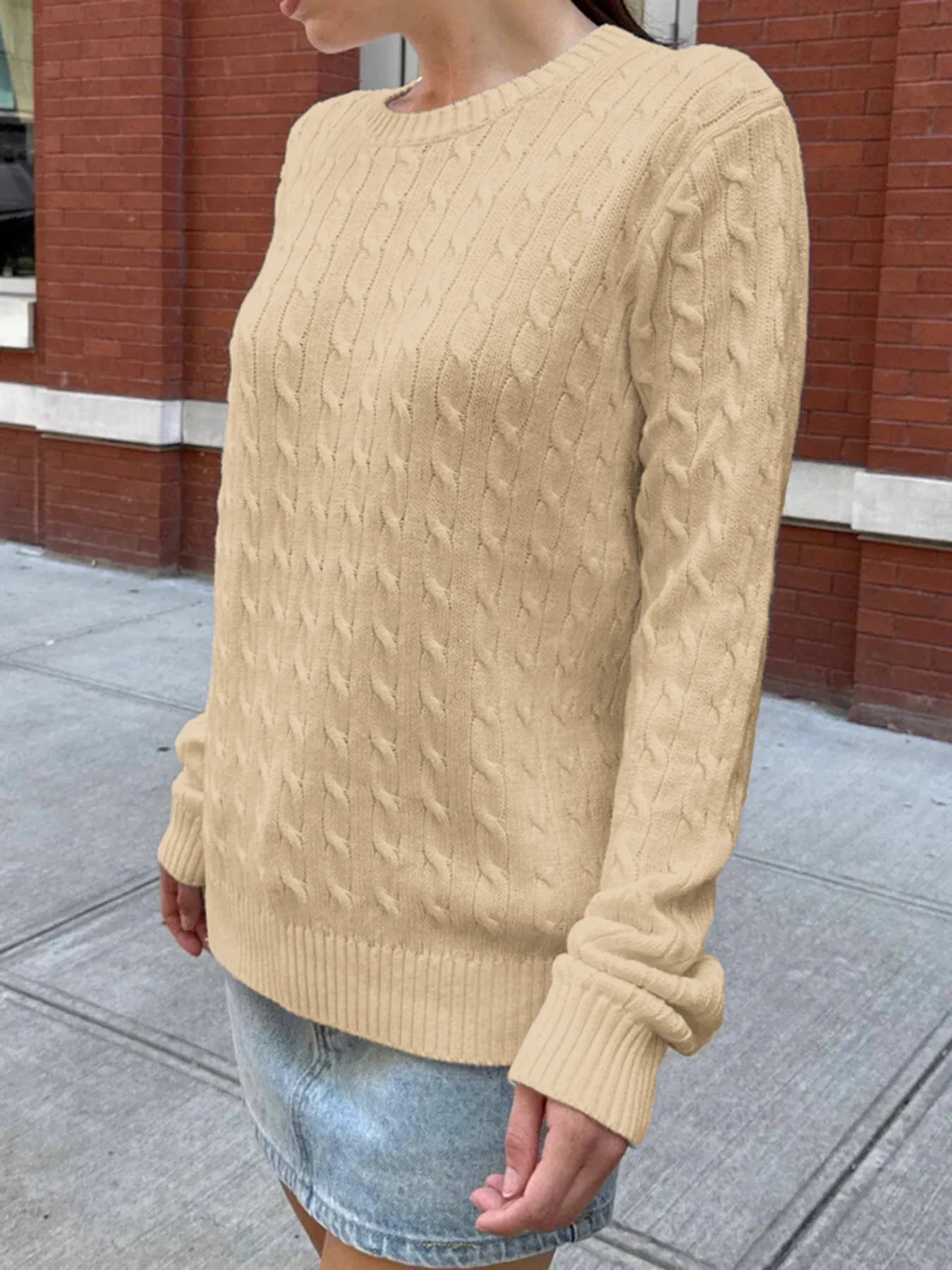 Trendsi Cable-Knit Round Neck Pullover Sweater Khaki