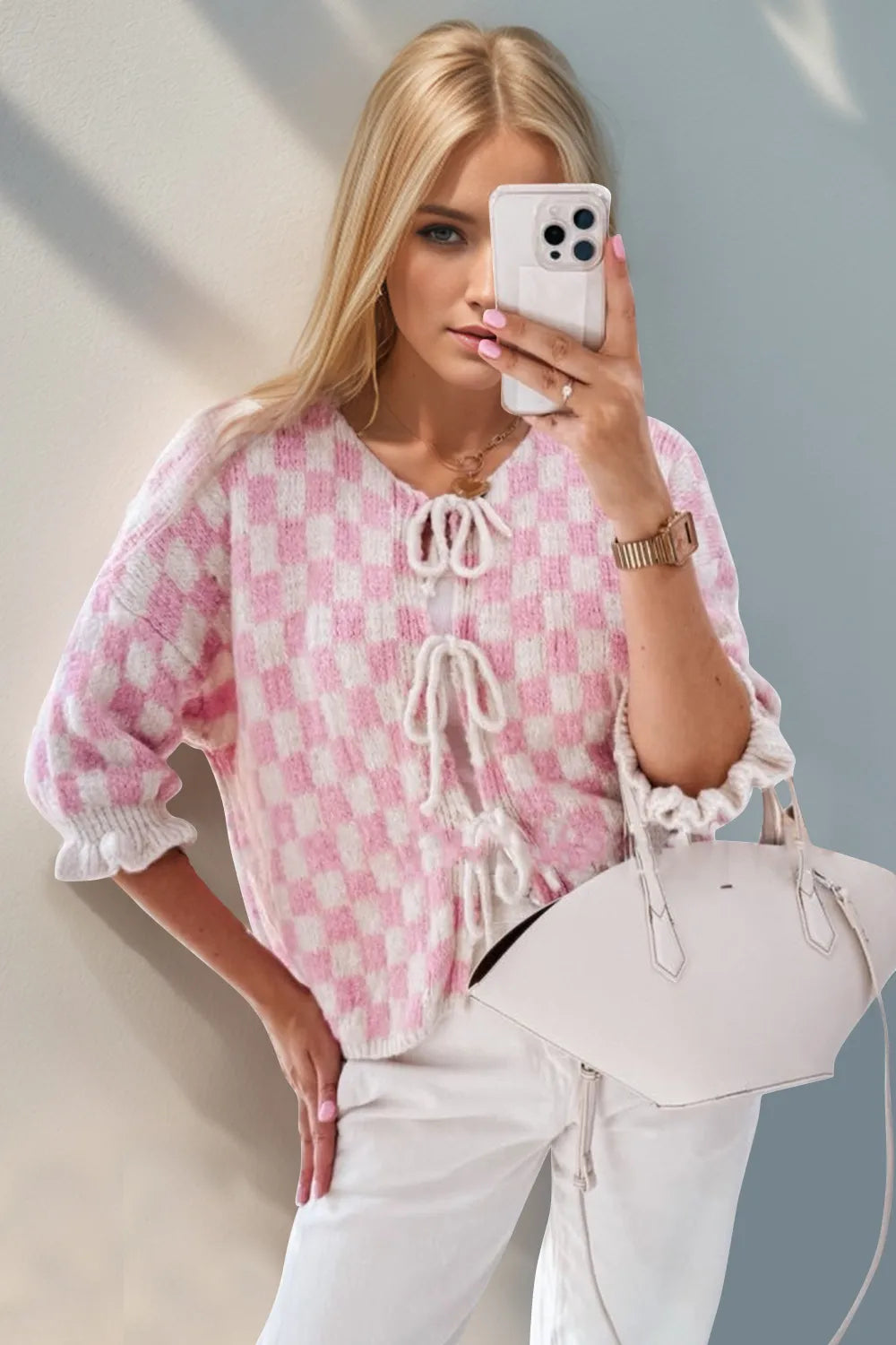 Double Take Tied Checkered Dropped Shoulder Flounce Sleeve Cardigan Easy Apparels