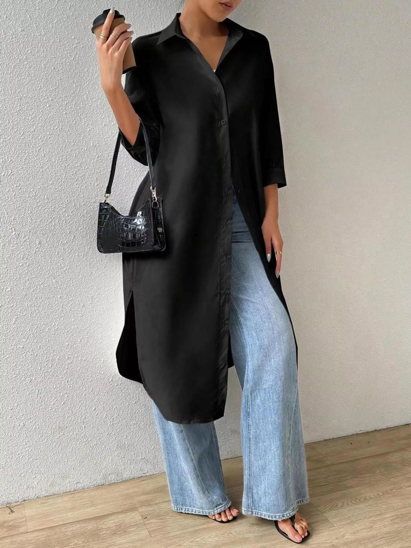 Trendsi Button-Up Long Sleeve Longline Shirt